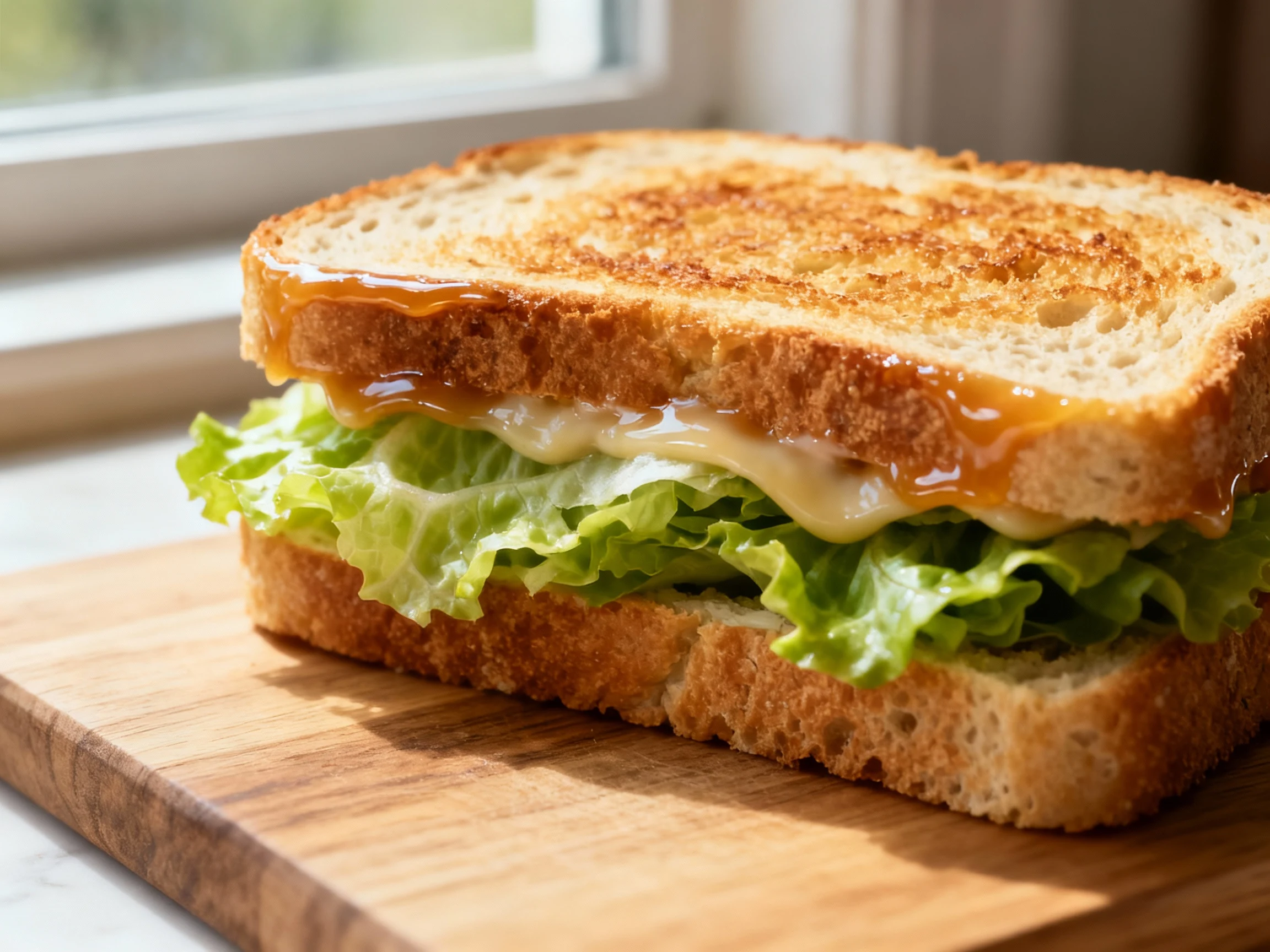 Food photography, Close-up of toasted sourdough with glossy edge-to-edge mayo fat barrier and crisp romaine layered for 