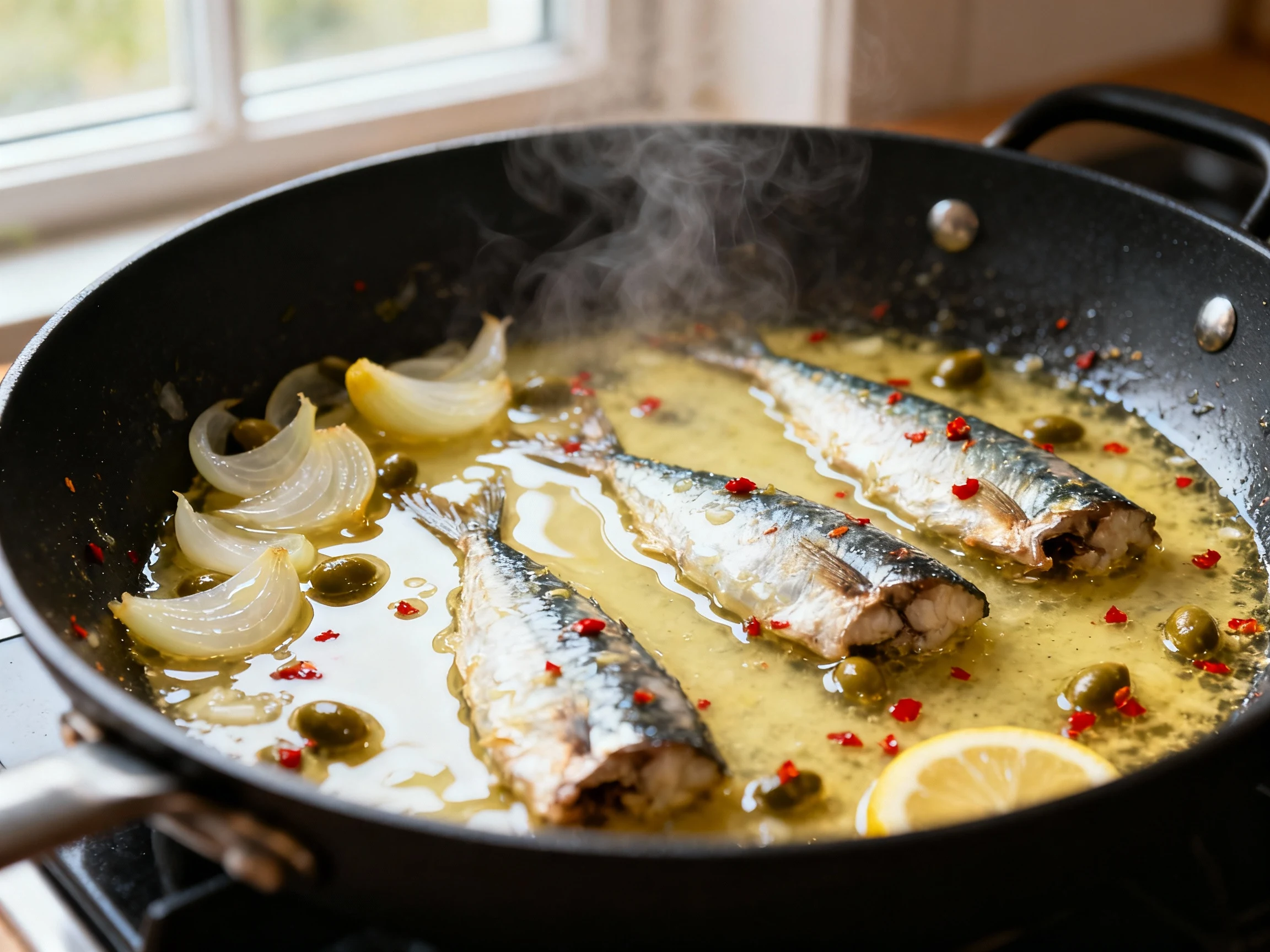 Food photography, 1. Cooking process: lemon–garlic sardine sauce mid-simmer in a black skillet—translucent garlic and sh
