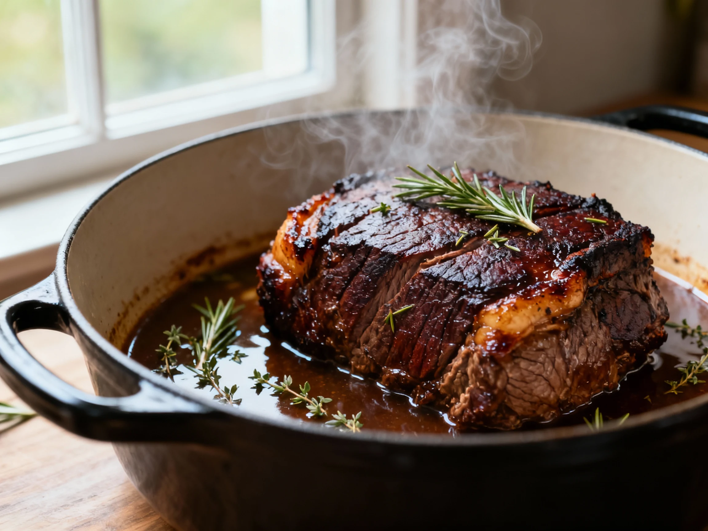 Food photography, Close-up of seared chuck roast in a Dutch oven, deep mahogany crust with caramelized edges, steam risi