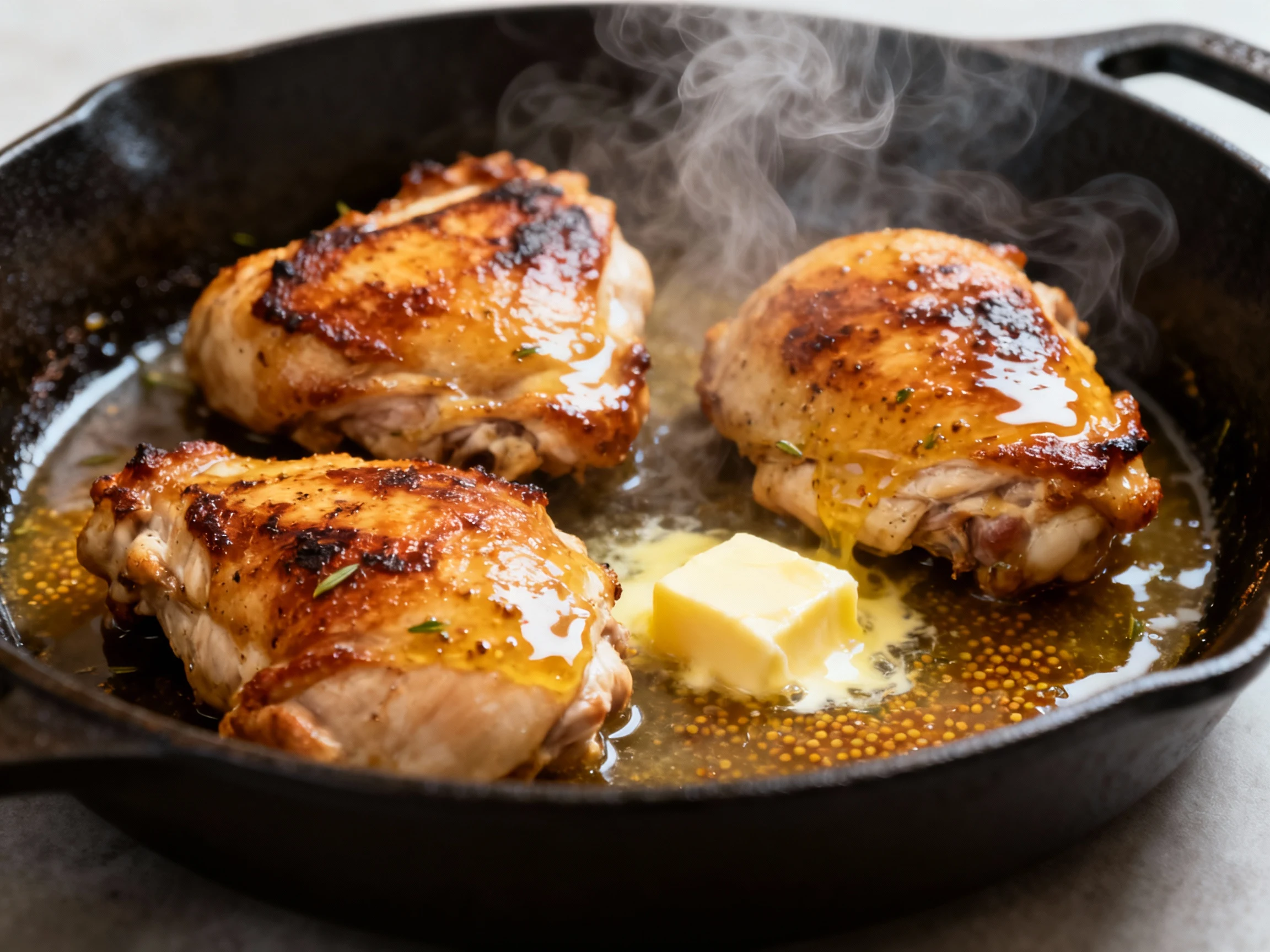 Food photography, Close-up of chicken thighs searing in a hot cast-iron skillet; deep golden crust, flip-and-baste momen