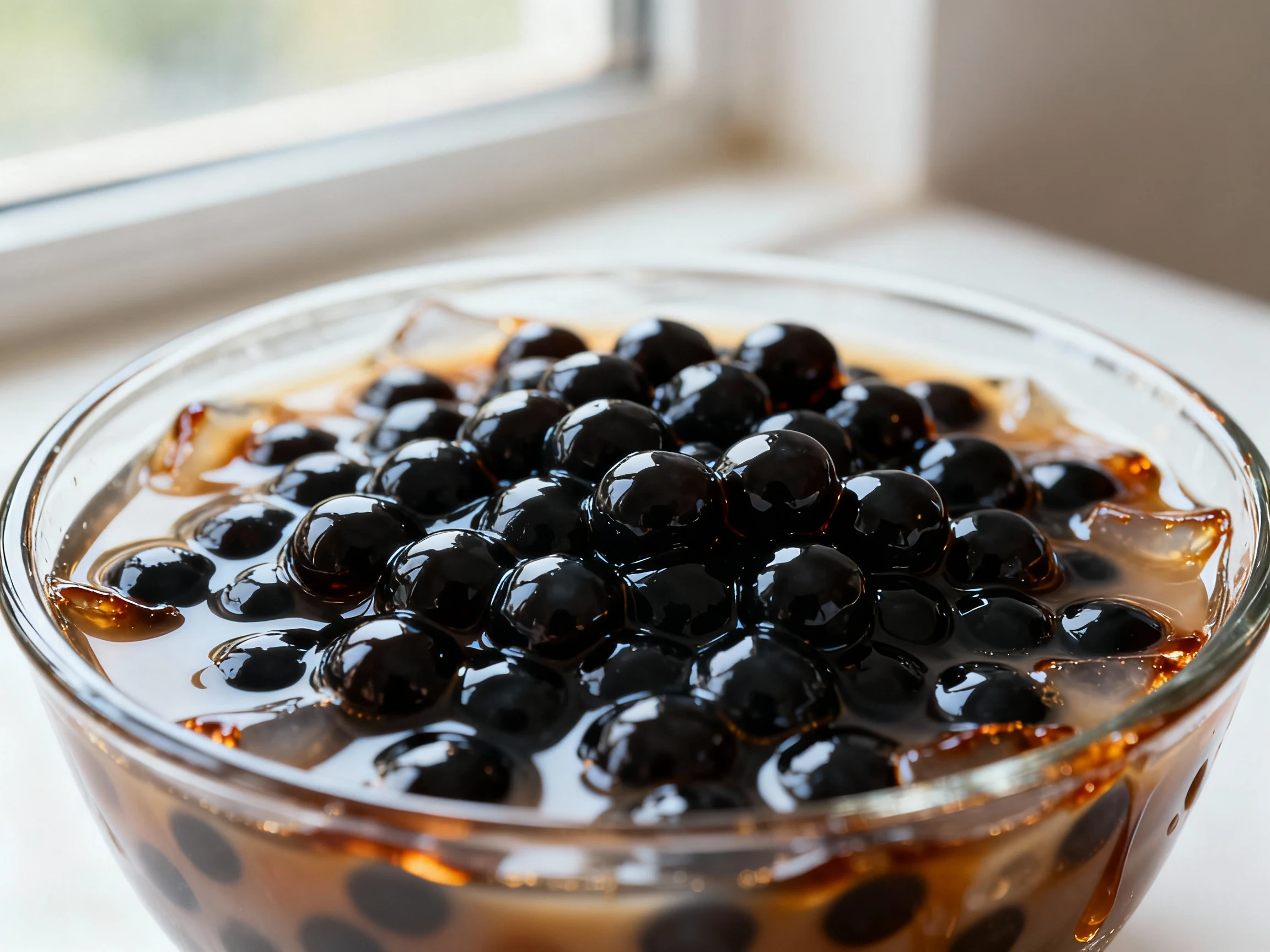 Food photography, Close-up of freshly cooked black tapioca pearls tossed in glossy brown sugar syrup, bouncy translucent