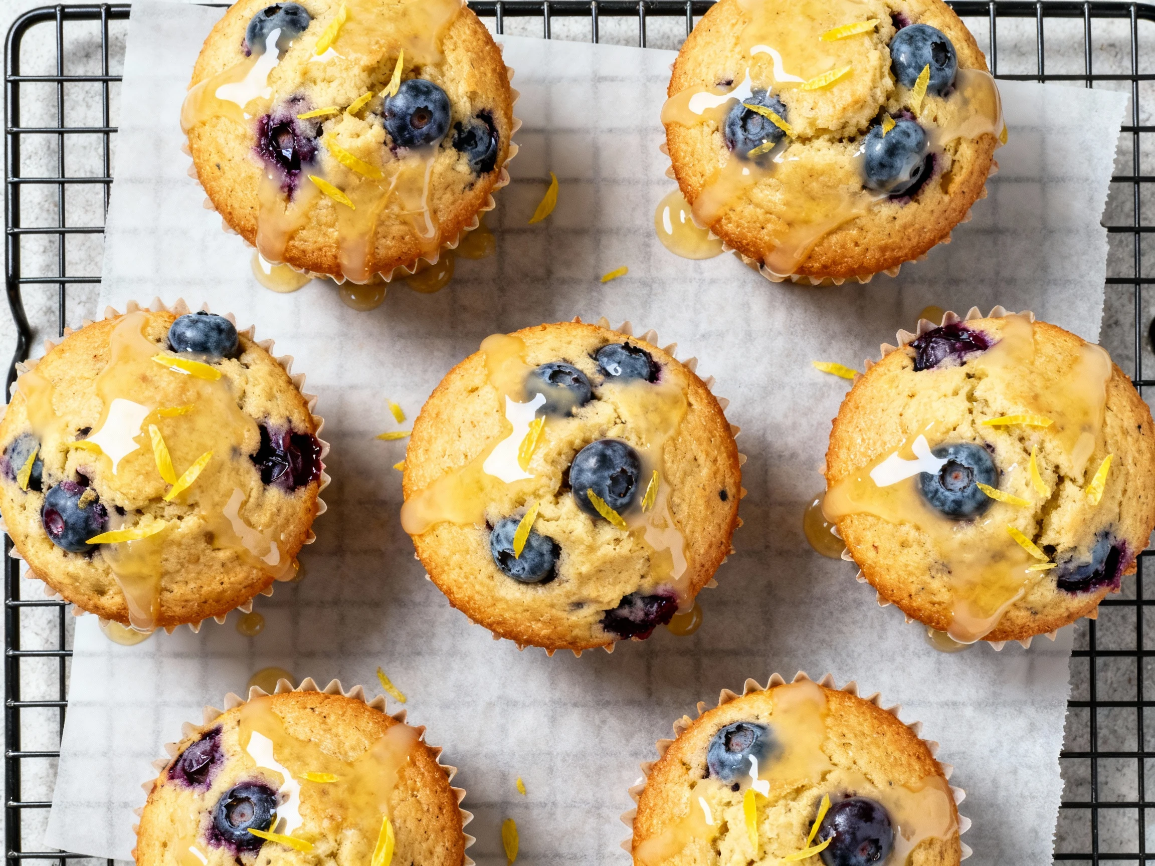 Food photography, 1. Overhead shot of lemon blueberry muffins (banana base) just baked, honey–lemon glaze glistening on 