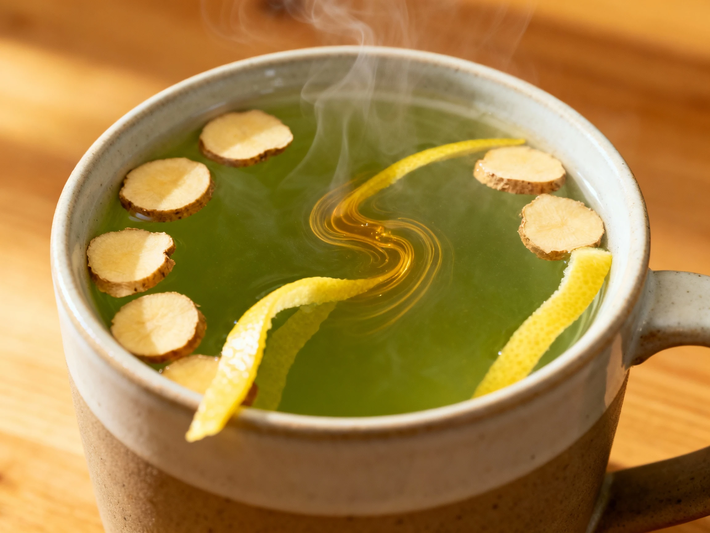 Food photography, Close-up of Morning Rocket Fuel ginger–lemon green tea: translucent jade brew with a thin honey swirl,