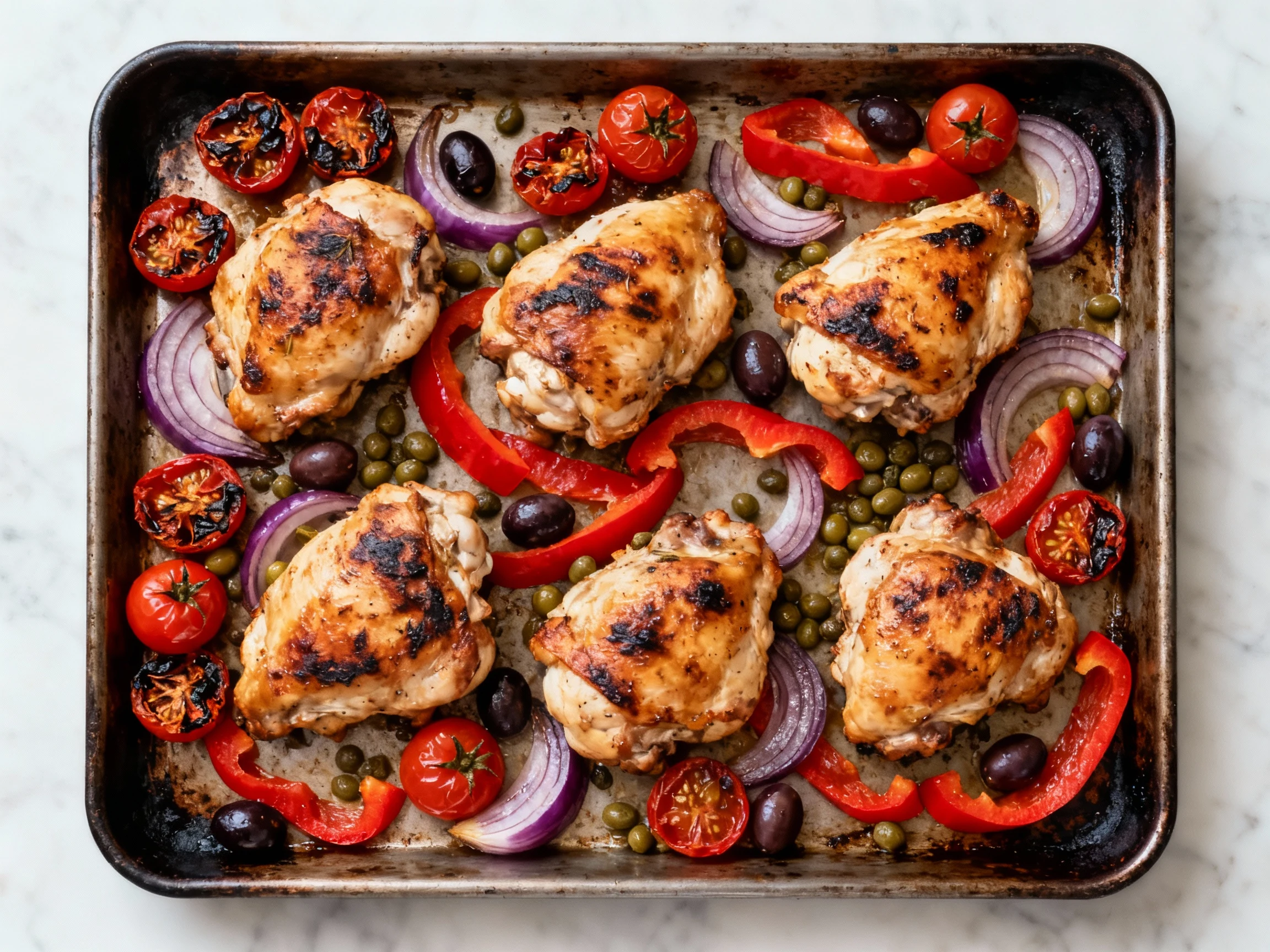 Food photography, Overhead shot of roasted Mediterranean chicken thighs on a hot sheet pan with blistered cherry tomatoe