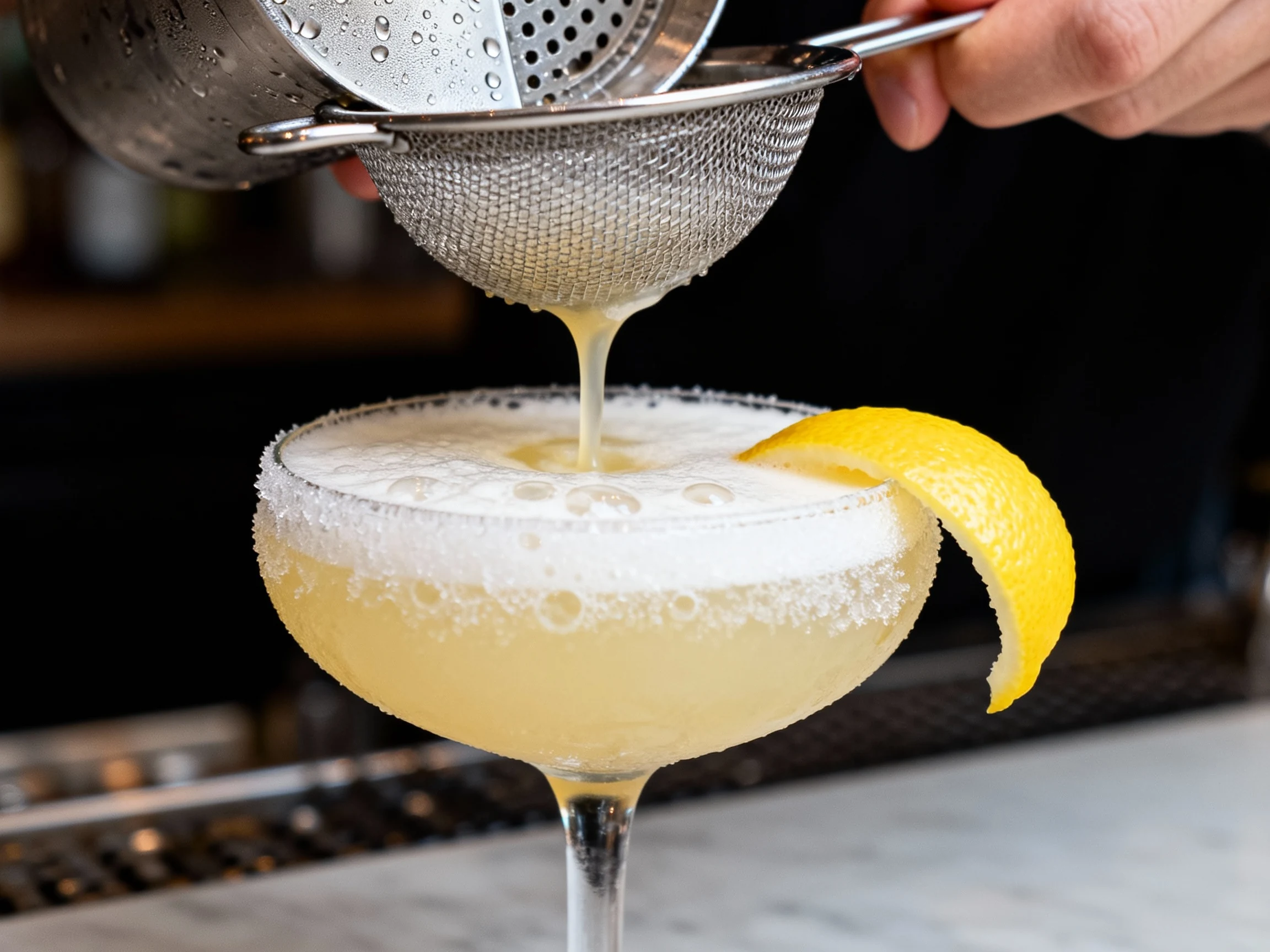 Food photography, Close-up process shot: Earl Grey Gin Sour being double-strained through a fine-mesh sieve into a frost