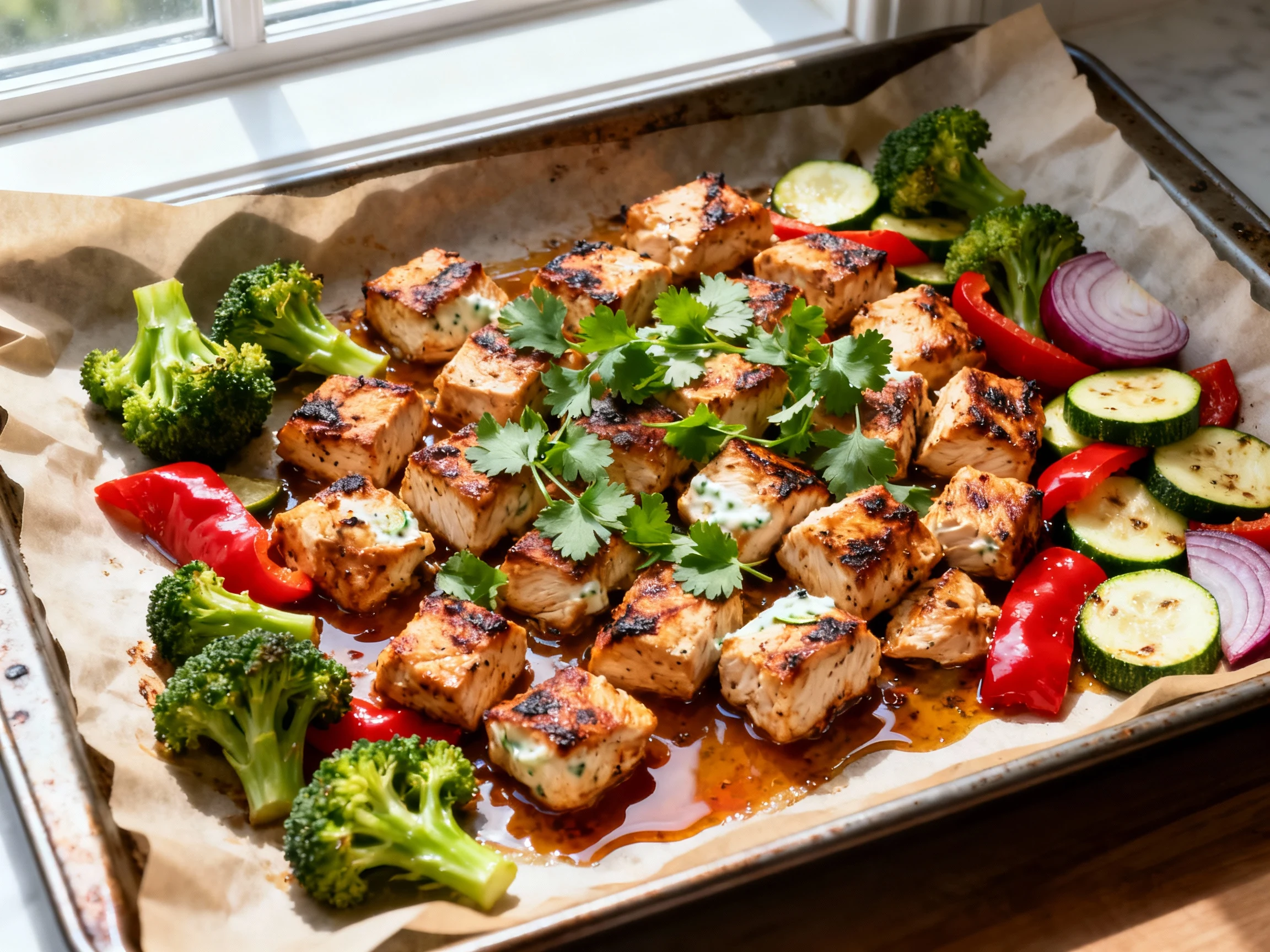 Food photography, 1. Cooking process, overhead: Parchment-lined sheet pan just out of a 425°F oven—chili-lime Greek yogu
