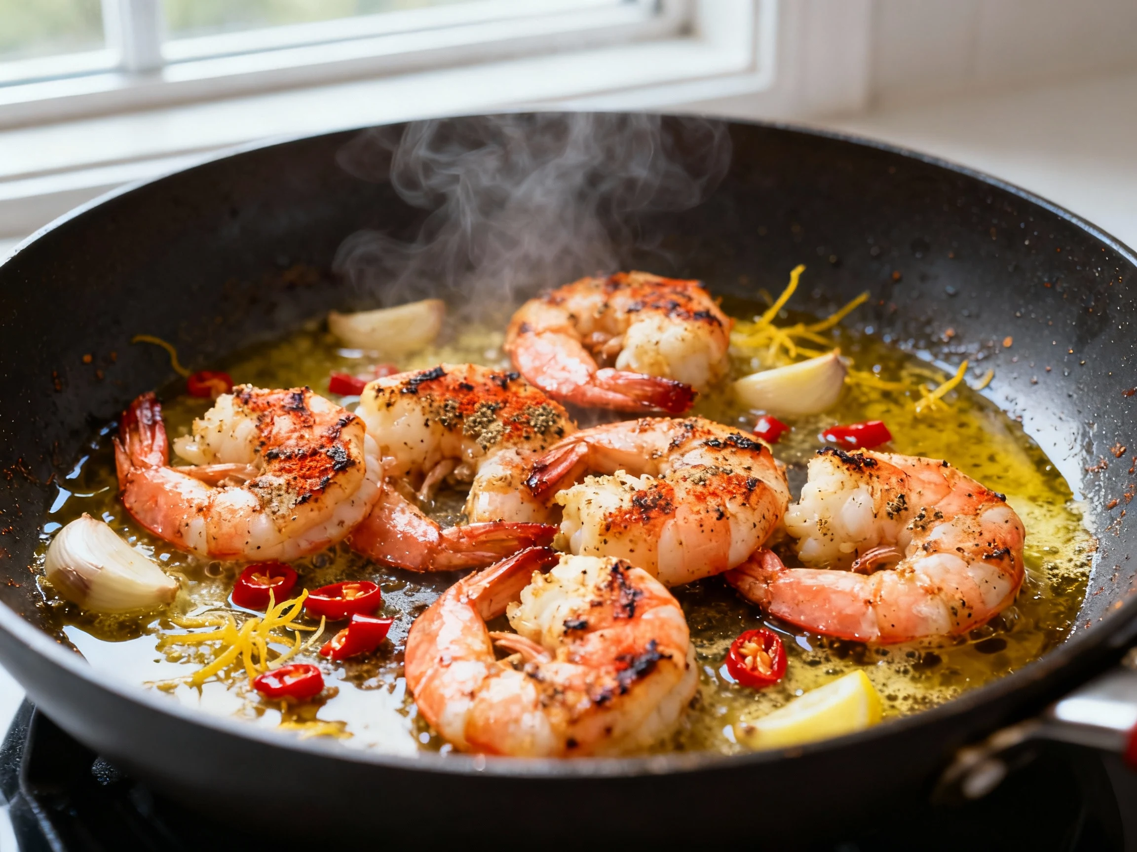 Food photography, Cooking process: Searing paprika-cumin seasoned prawns in a hot stainless skillet, turning pink with l
