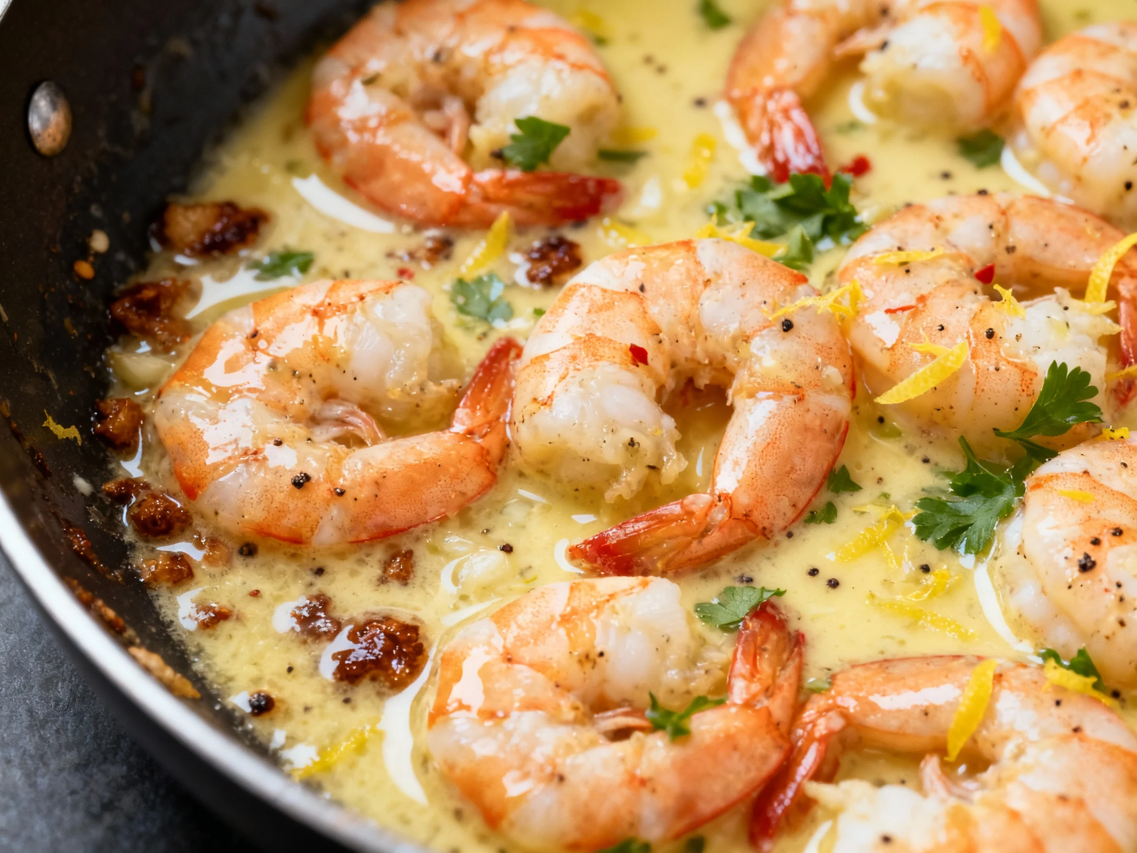 Food photography, Close-up detail: Glossy emulsified lemon-garlic-chili butter sauce coating just-cooked prawns in the p