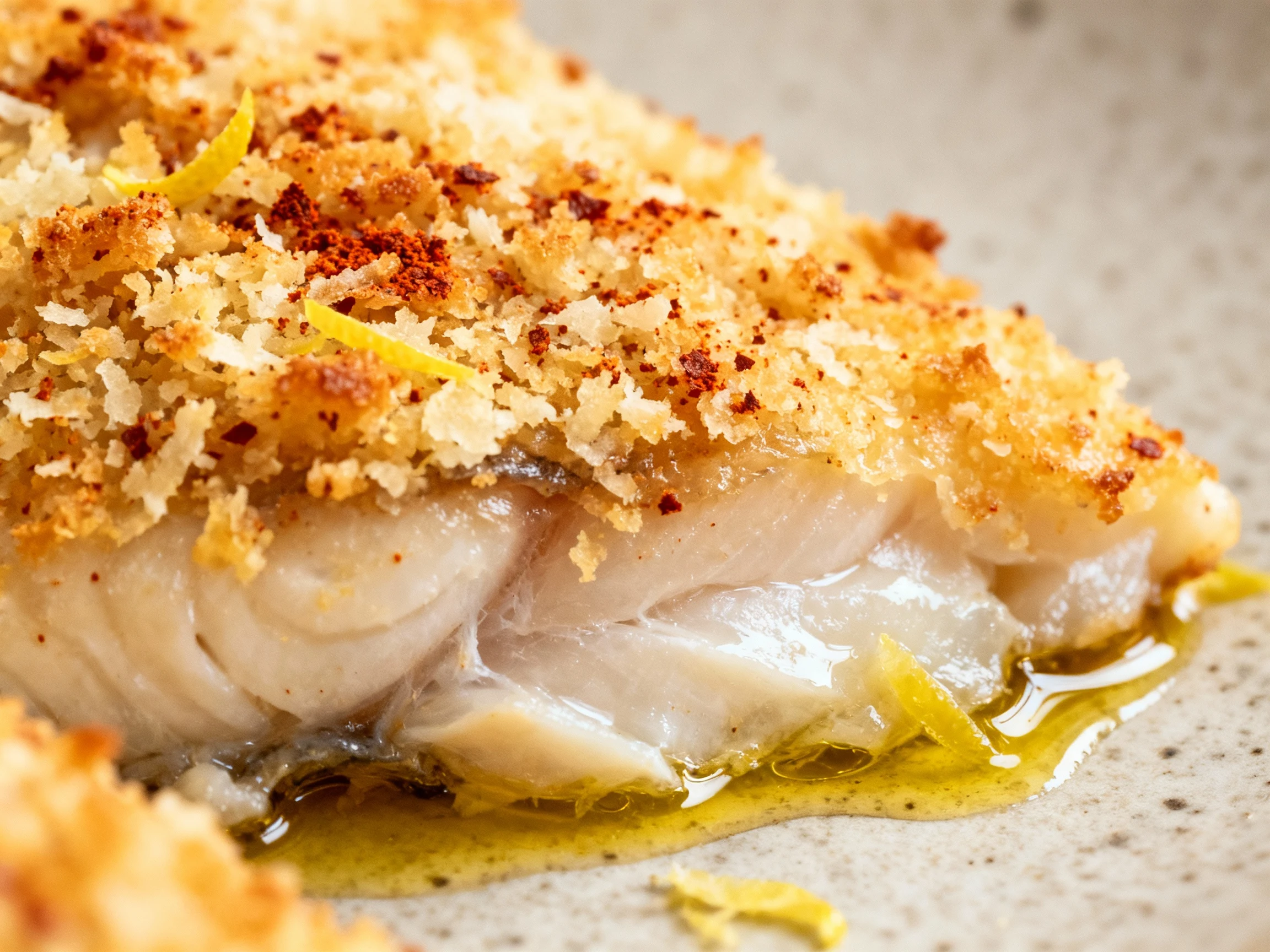 Food photography, Macro close-up of the shatter-crisp panko-Parmesan crust on baked haddock, speckled with smoked paprik