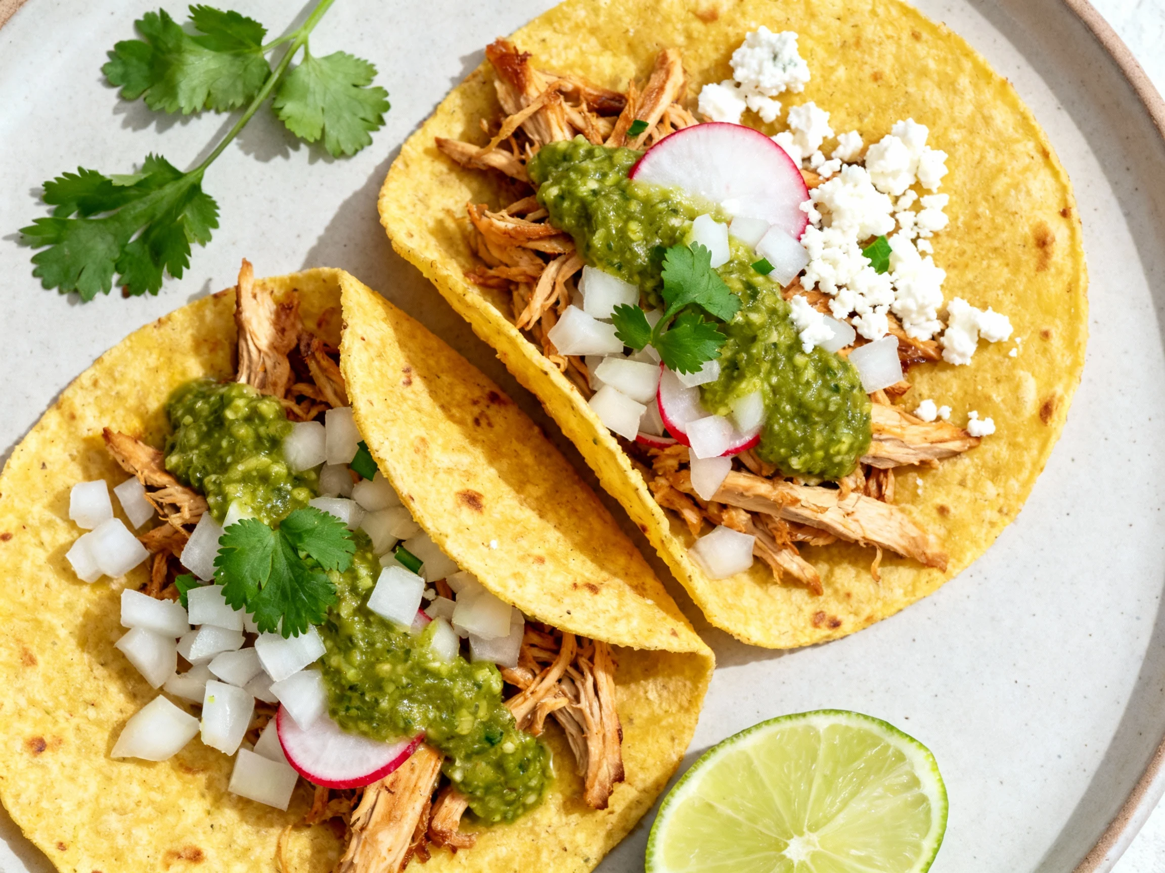 Food photography, Salsa Verde Shredded Chicken tacos — warm corn tortillas loaded with juicy pulled chicken, vibrant gre