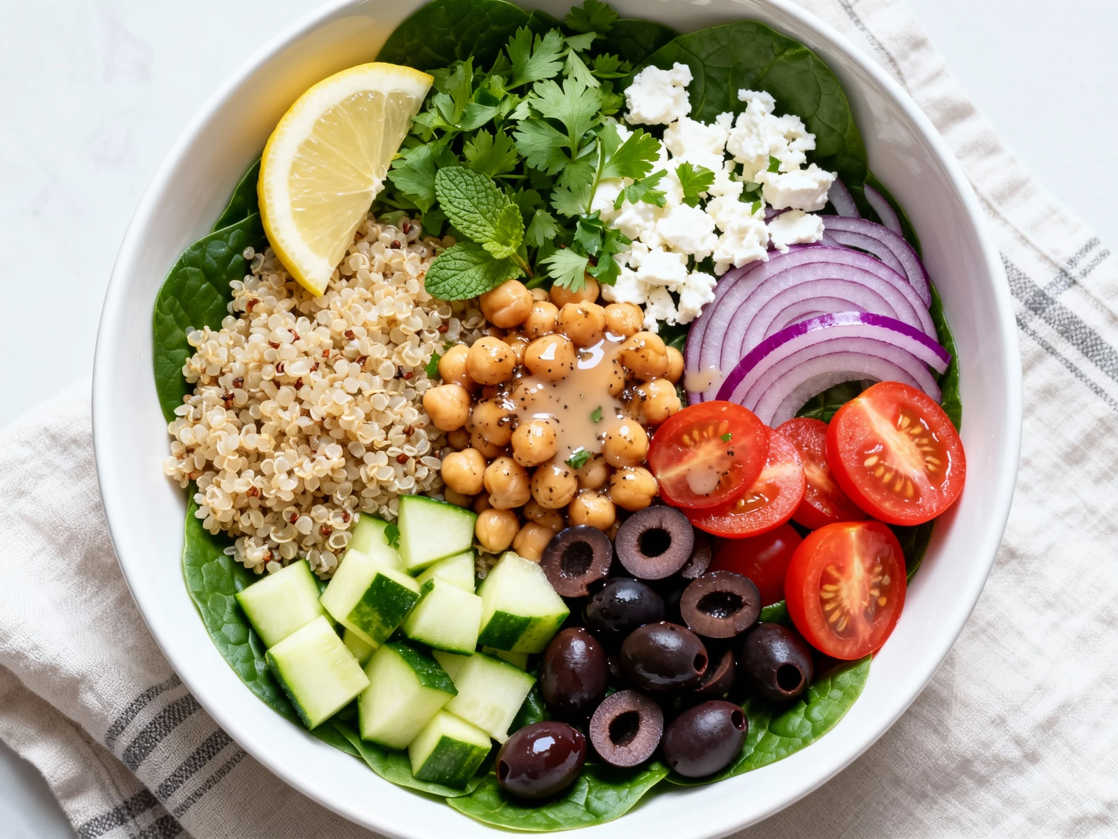 Food photography, Overhead shot of Mediterranean quinoa power bowl: spinach base, fluffy quinoa, diced cucumber, halved 
