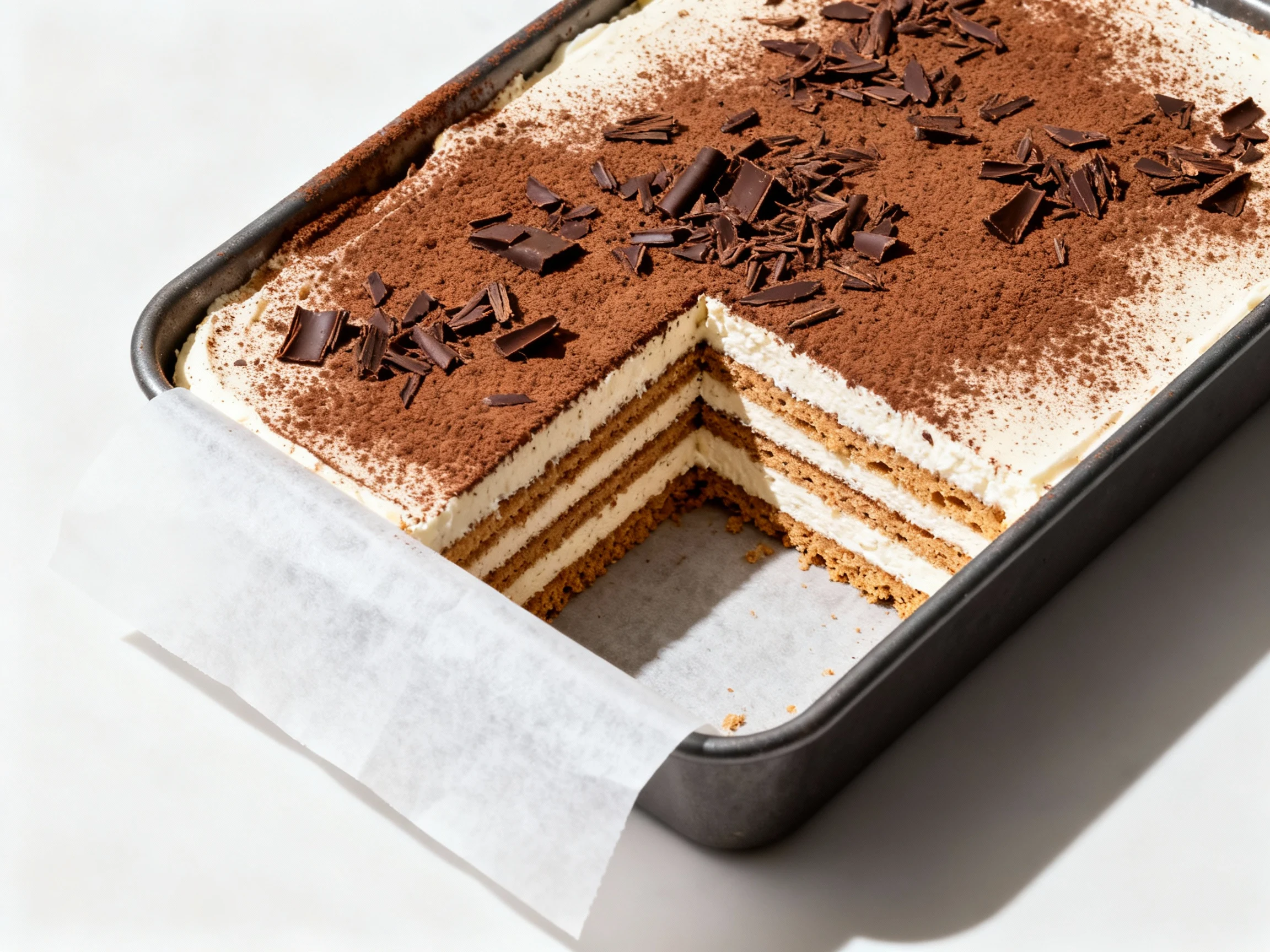 Food photography, Overhead shot: finished no-bake graham cracker icebox cake in the pan, top dusted with cocoa and scatt