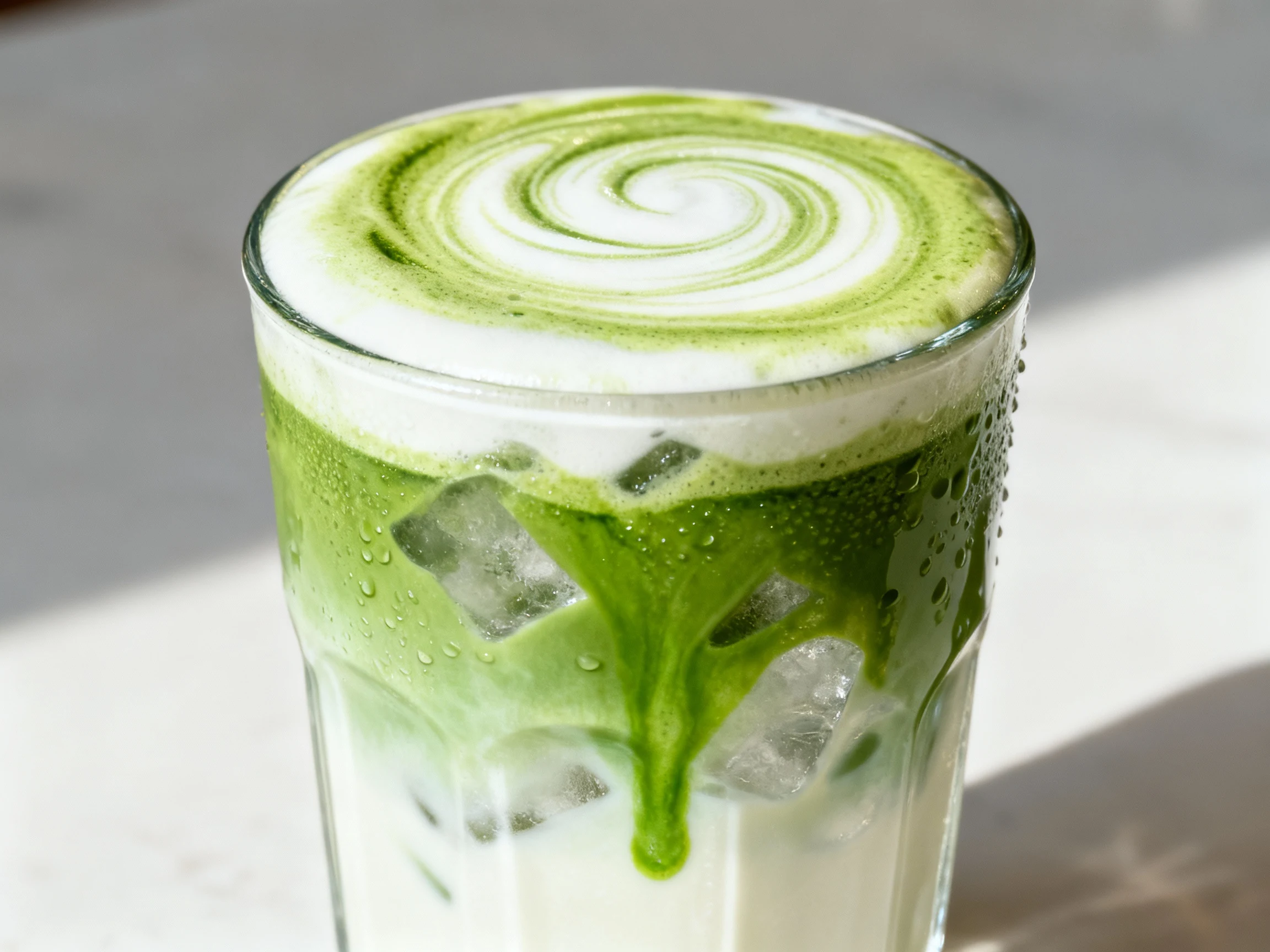 Food photography, 2. Close-up of Iced Vanilla Matcha Latte layered over ice: glossy microfoam swirls on top, vivid green