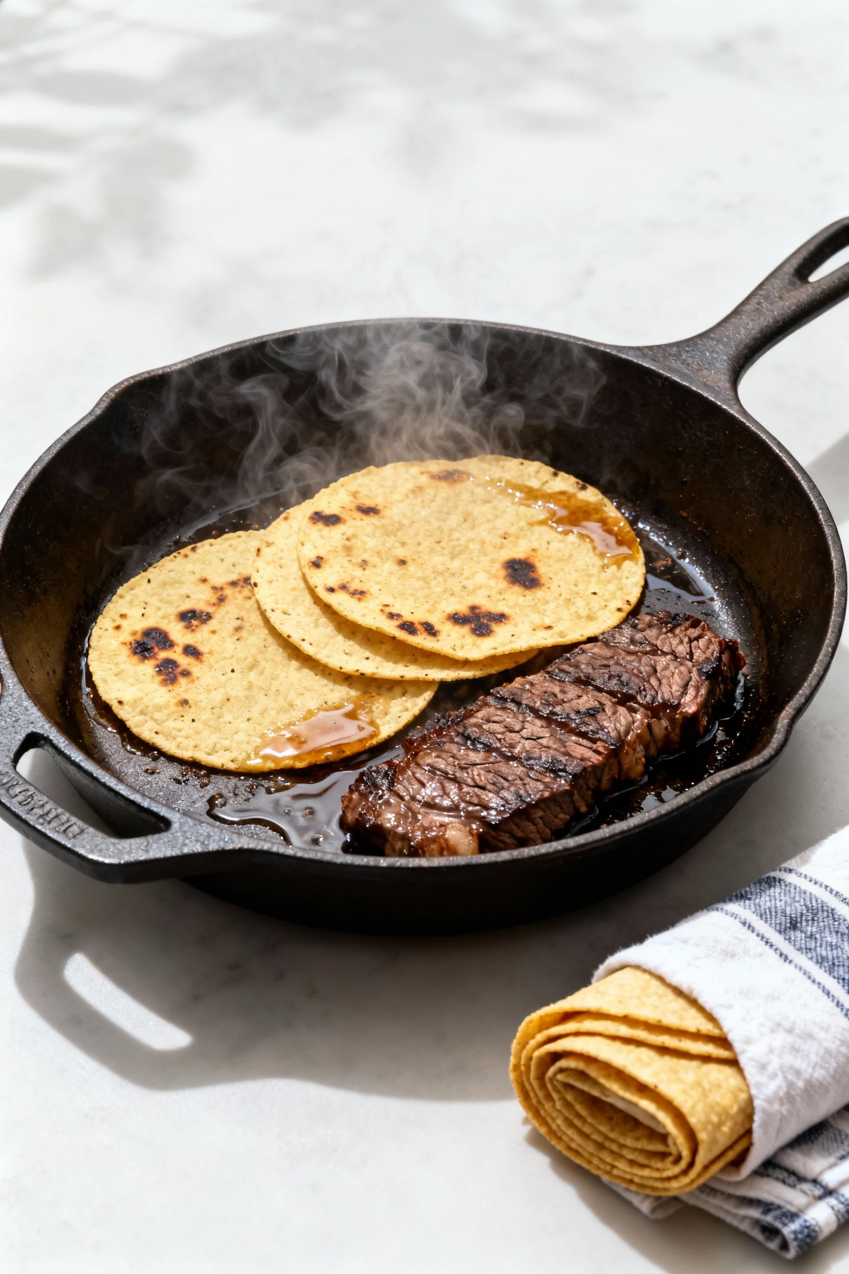 Food photography, Cooking process shot: corn tortillas warming in the same skillet after the steak, lightly blistered an
