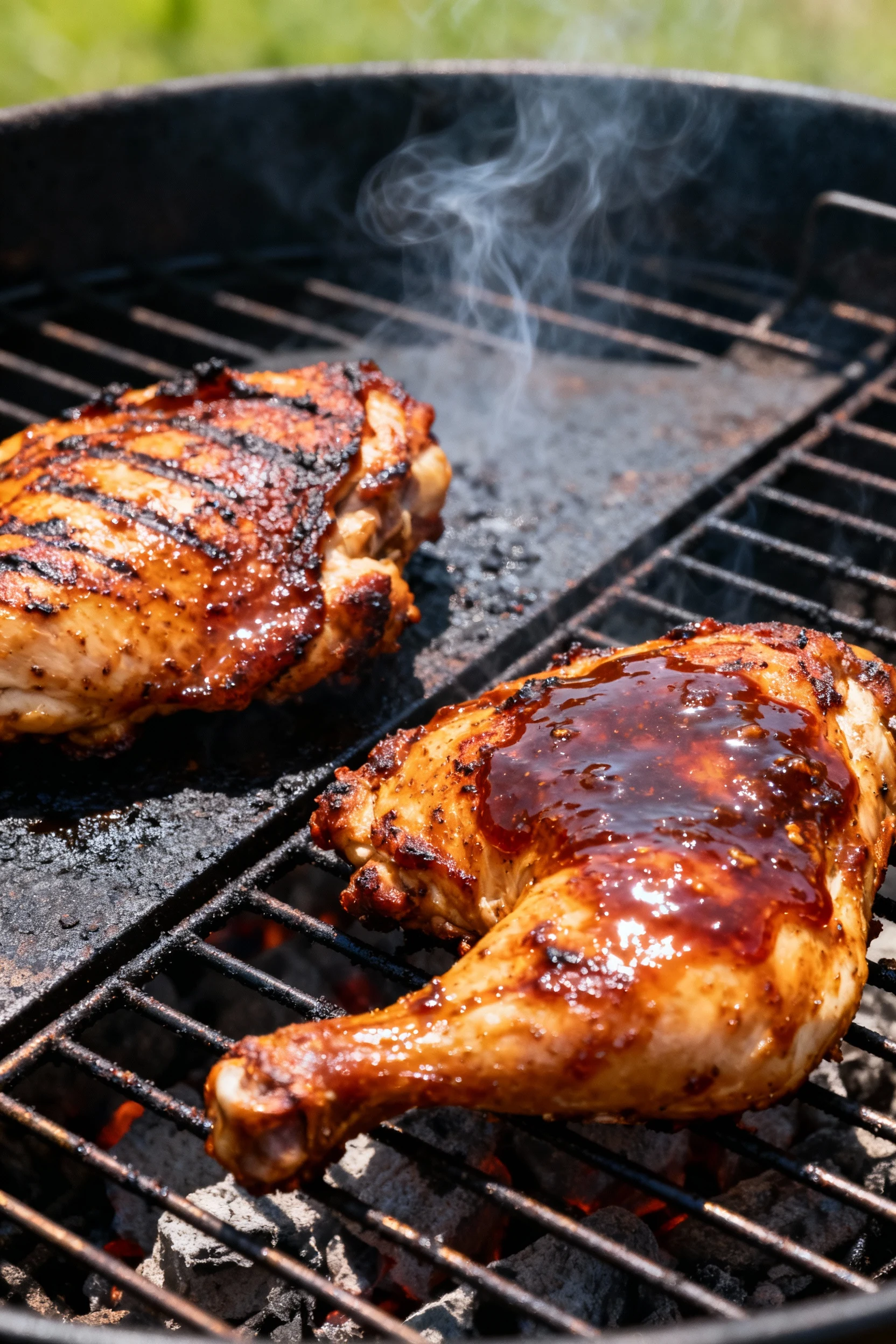 Food photography, Cooking process: jerk chicken on a two-zone grill—skin-side down sear on the hot side, other thighs fi