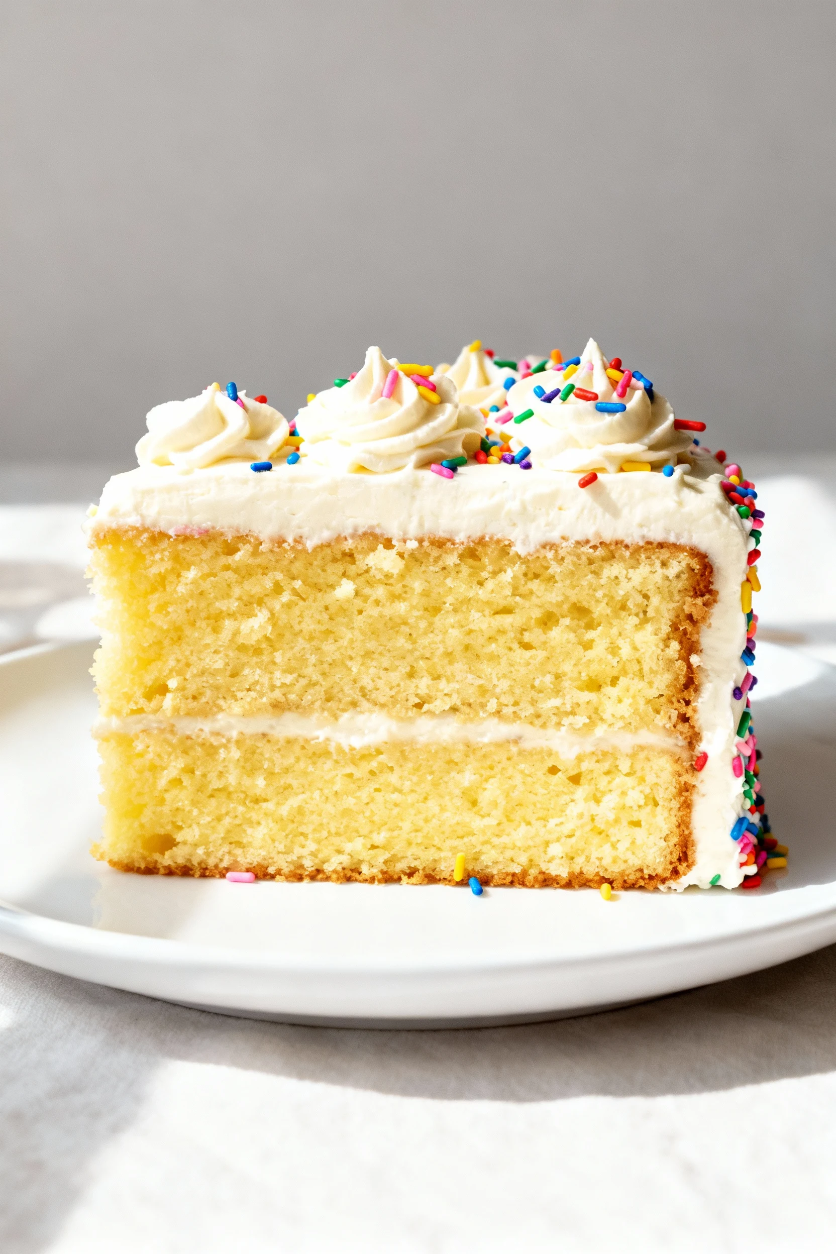 Food photography, Beautifully plated slice of classic yellow sheet cake with fluffy vanilla buttercream and rainbow spri