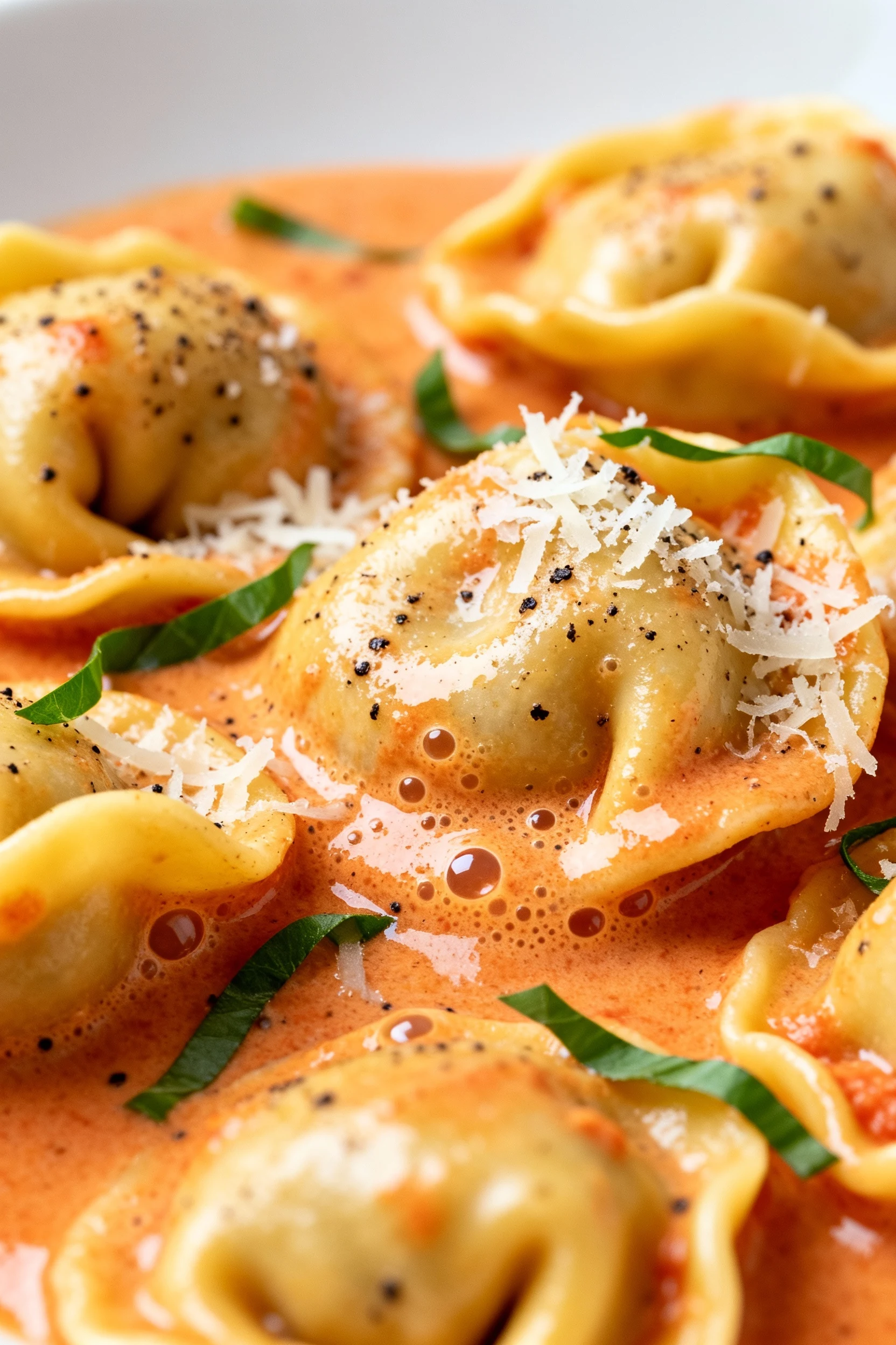 Food photography, Macro close-up of pillowy tortellini coated in silky tomato-cream sauce, micro-bubbles and sheen, spec
