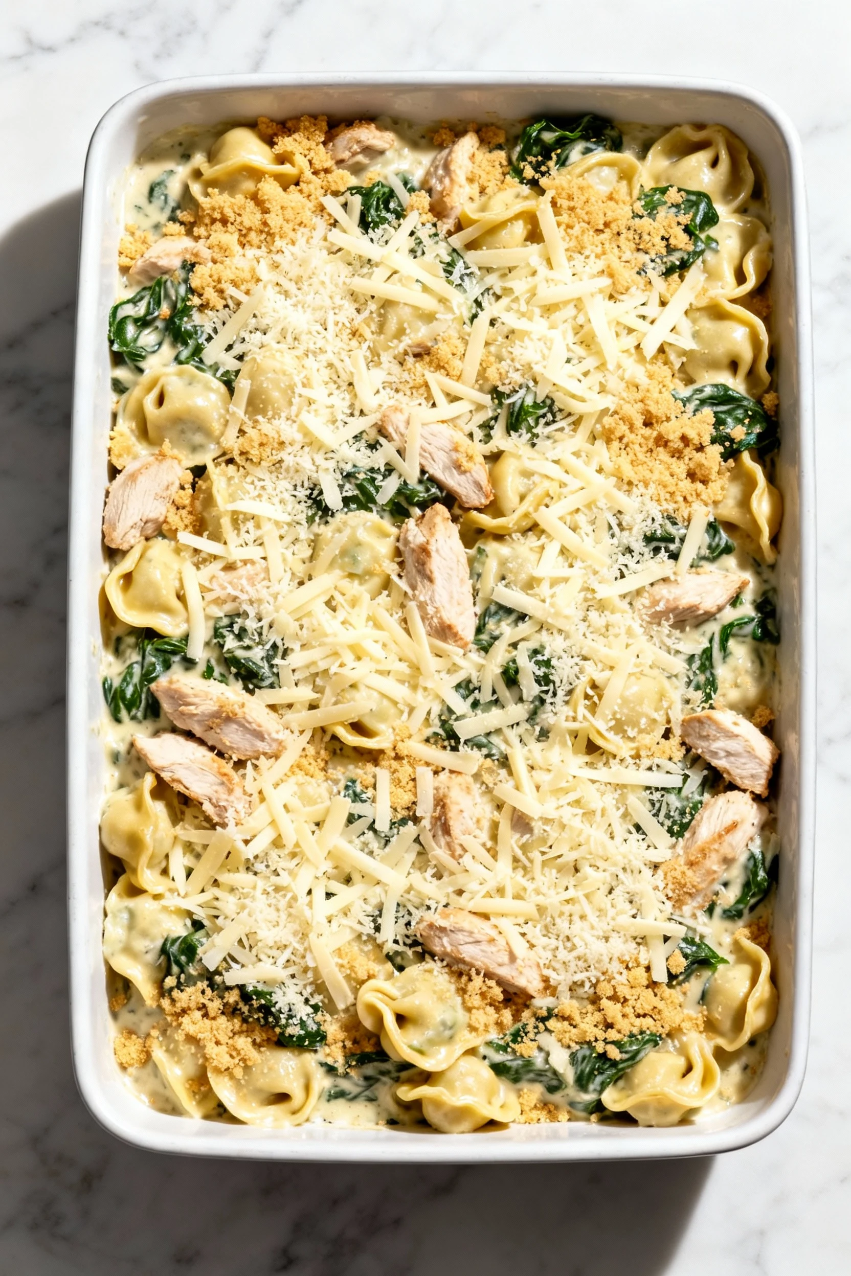 Food photography, Overhead of assembled casserole before baking: tortellini in Alfredo with spinach and cooked chicken, 