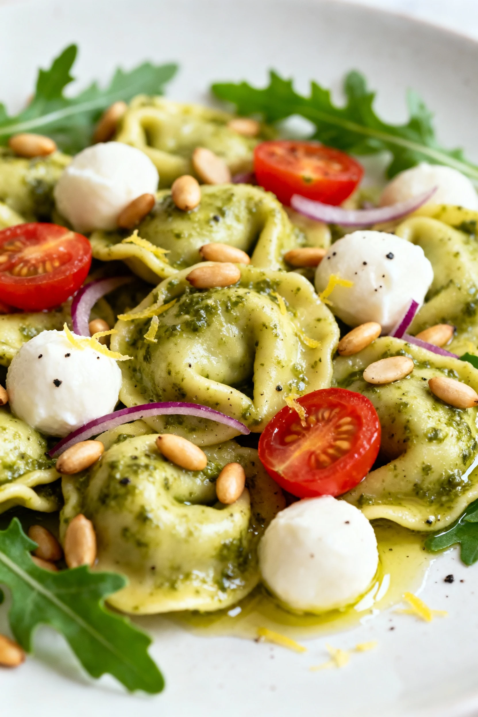 Food photography, Close-up detail: Pesto-coated tortellini with toasted pine nuts, creamy mozzarella pearls, peppery aru
