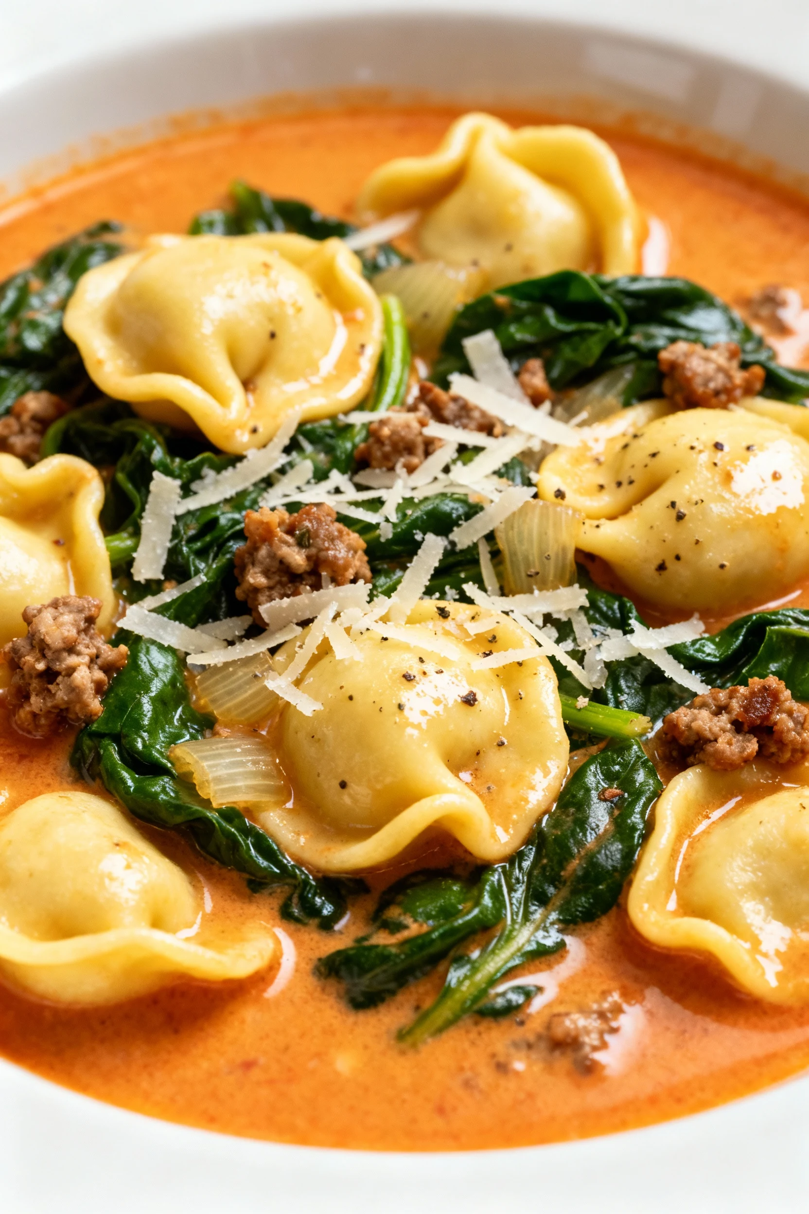 Food photography, Close-up detail: plump cheese tortellini in silky tomato-cream broth, wilted spinach, fennel-kissed sa