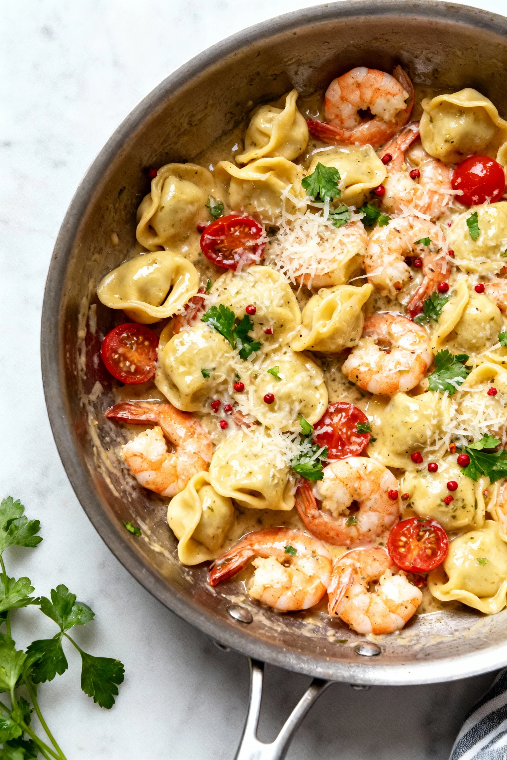 Food photography, Overhead shot of tortellini and shrimp being tossed in a large skillet, glossy emulsified garlic-butte