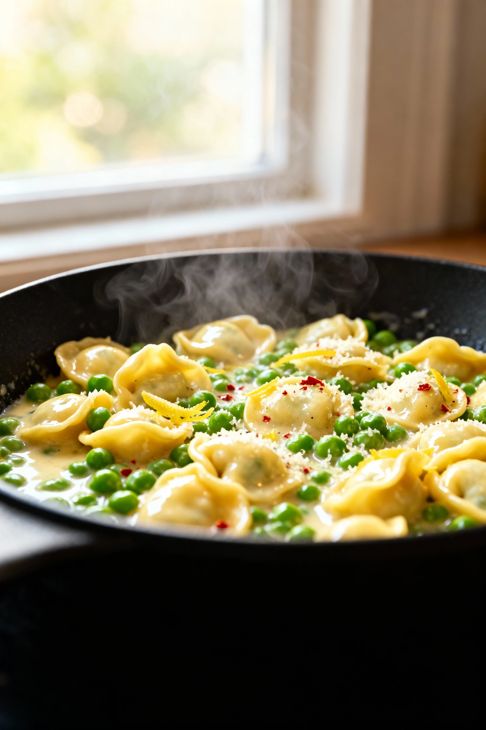 Food photography, Finishing in the pan — cheese tortellini and bright green peas being gently tossed in a silky lemon–Pa