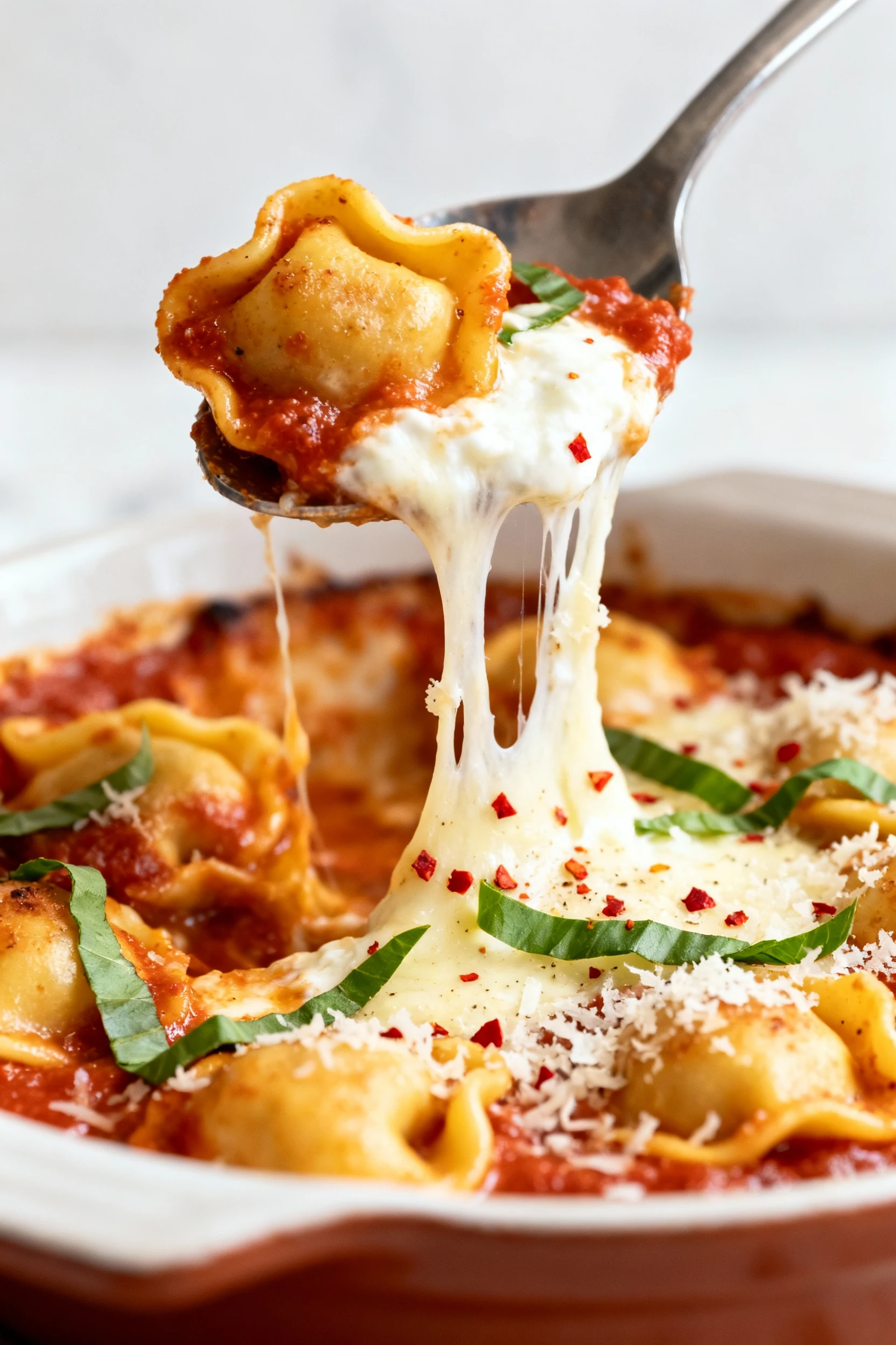 Food photography, Serving spoon lifting a portion from the baked tortellini, gooey mozzarella strands stretching over pl