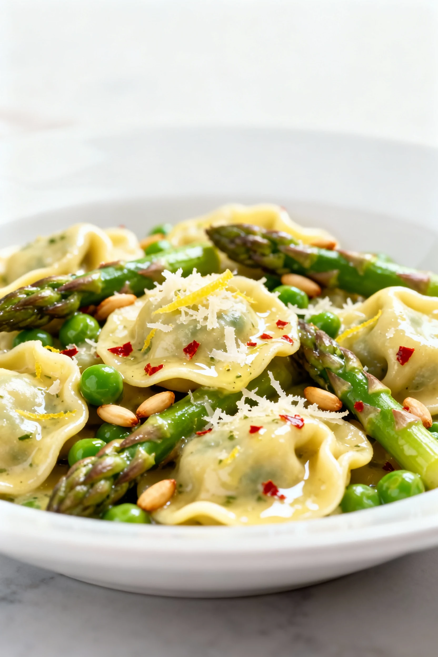 Food photography, Close-up detail: cooked tortellini with vibrant asparagus tips and peas, sauce clinging with a light s