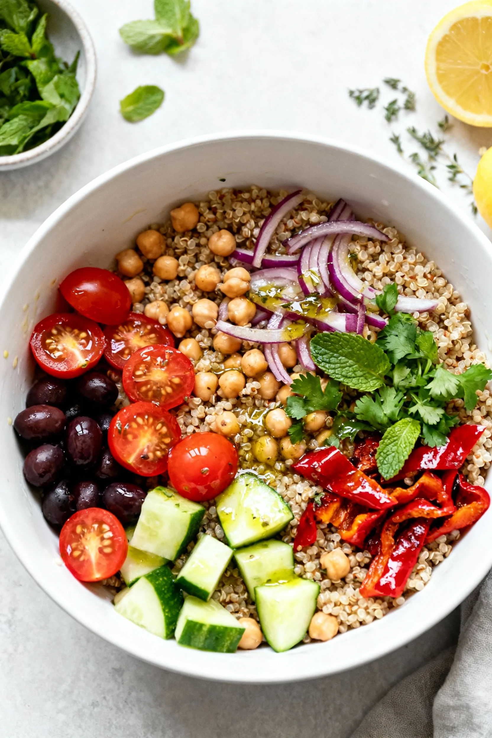 Food photography, Overhead shot of Mediterranean quinoa salad mid-toss in a large white bowl: quinoa, chickpeas, halved 