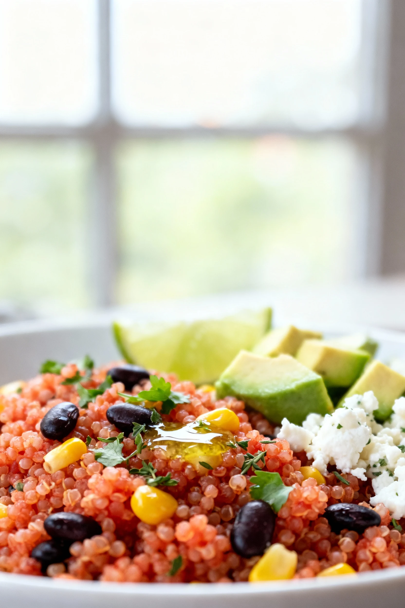 Food photography, Close-up of fluffy tomato-tinted quinoa studded with black beans and corn, speckled with cilantro and 