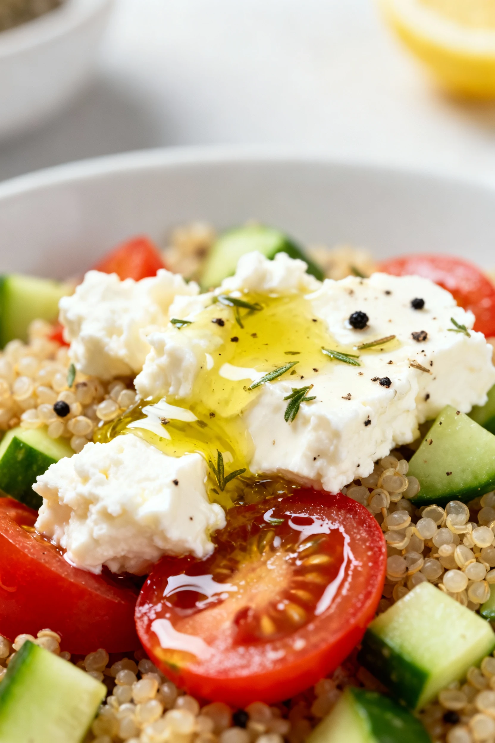 Food photography, Macro close-up of creamy lemon-feta crumbles melting into quinoa and veggies, glossy olive oil, oregan