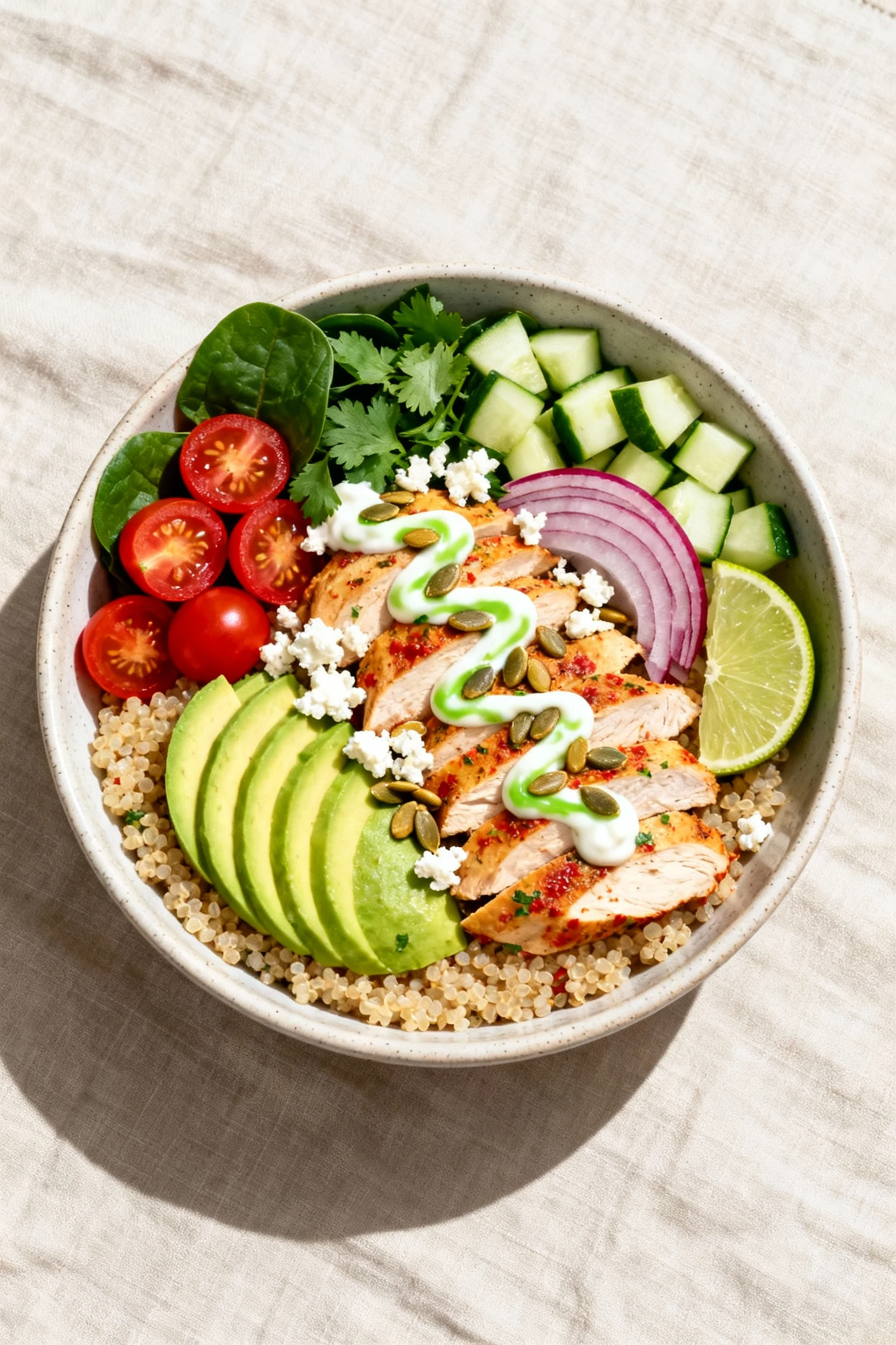 Food photography, Overhead shot of Healthy Chicken Quinoa Bowl: fluffy quinoa base, sliced chili-lime chicken, avocado f