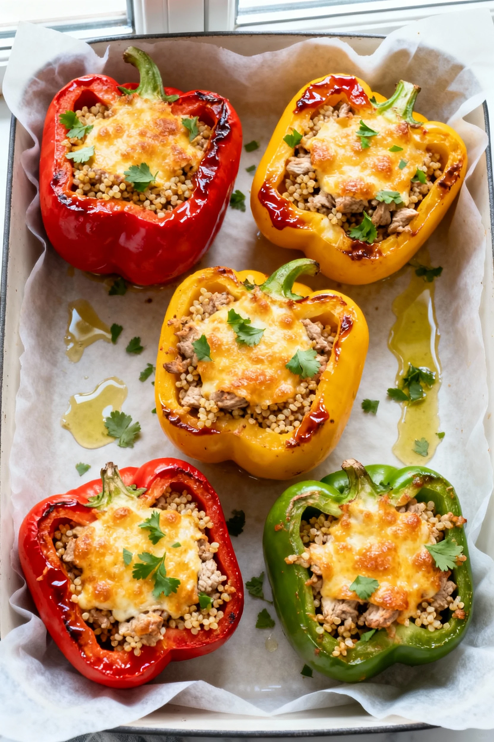 Food photography, Tasty top view: Overhead of baked Turkey & Quinoa Stuffed Bell Peppers (red, yellow, green) in a parch