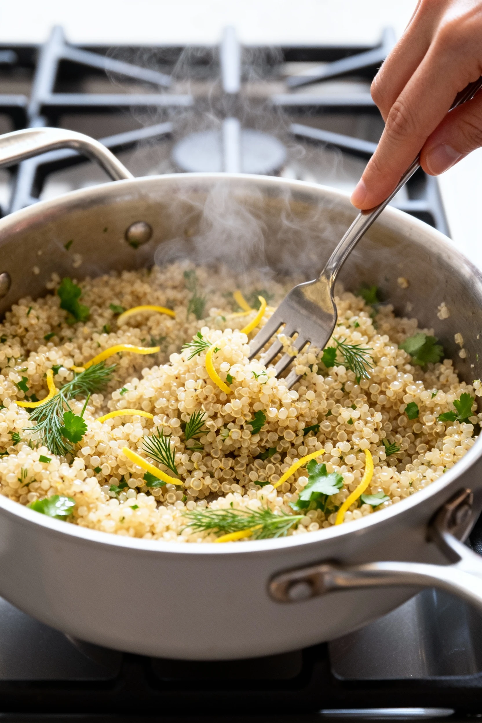 Food photography, 2. Cooking process: freshly cooked garlic herb quinoa in a pot being fluffed with a fork, steam rising