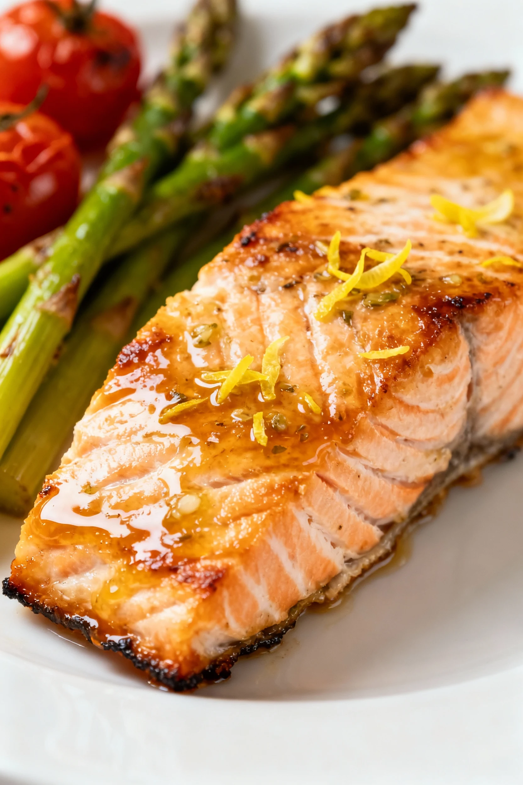 Food photography, Close-up detail of flaky medium-cooked salmon with a lightly caramelized lemon–garlic glaze and lemon 