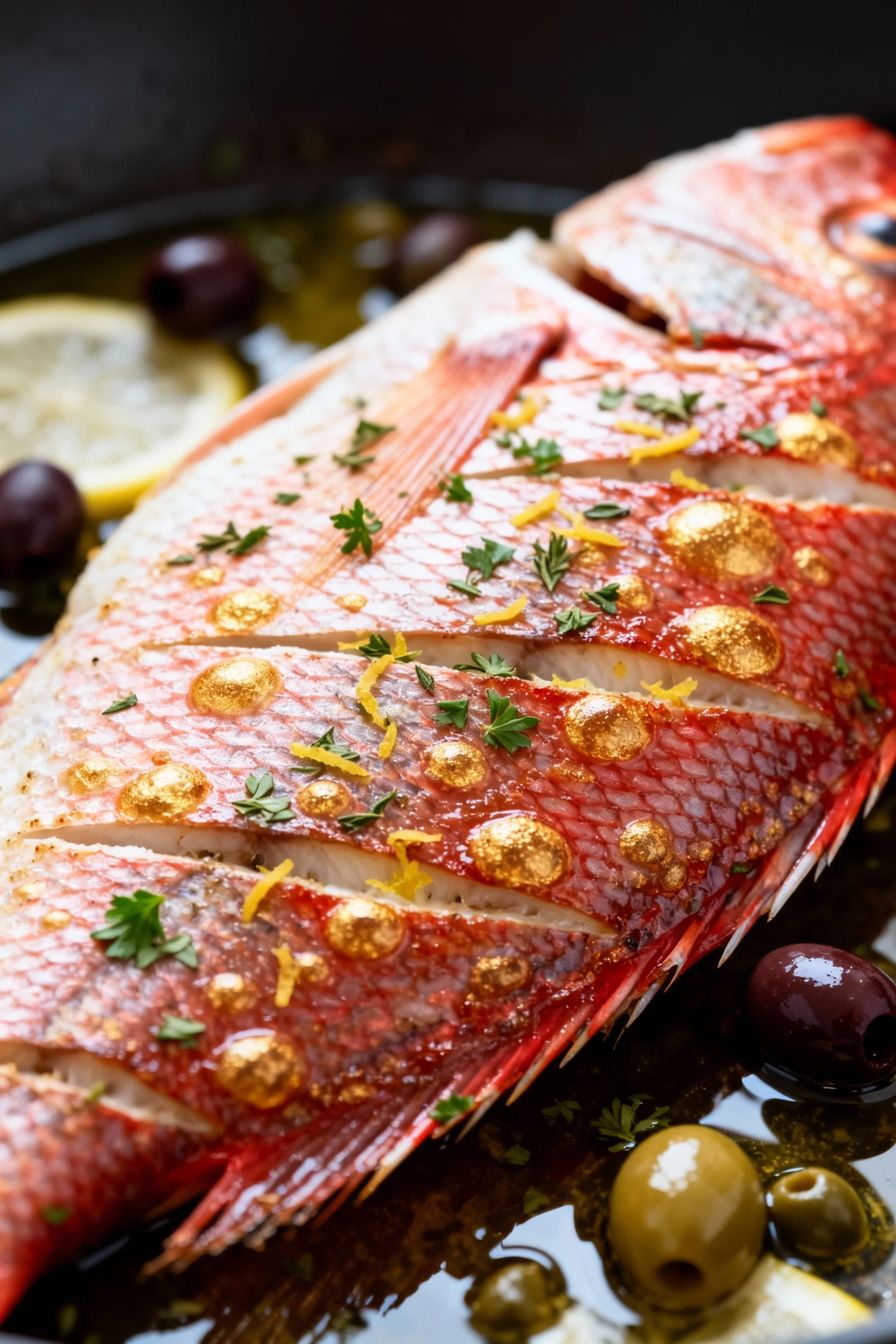 Food photography, Macro close-up of crispy red snapper skin with golden blisters and score marks, flecks of oregano, par