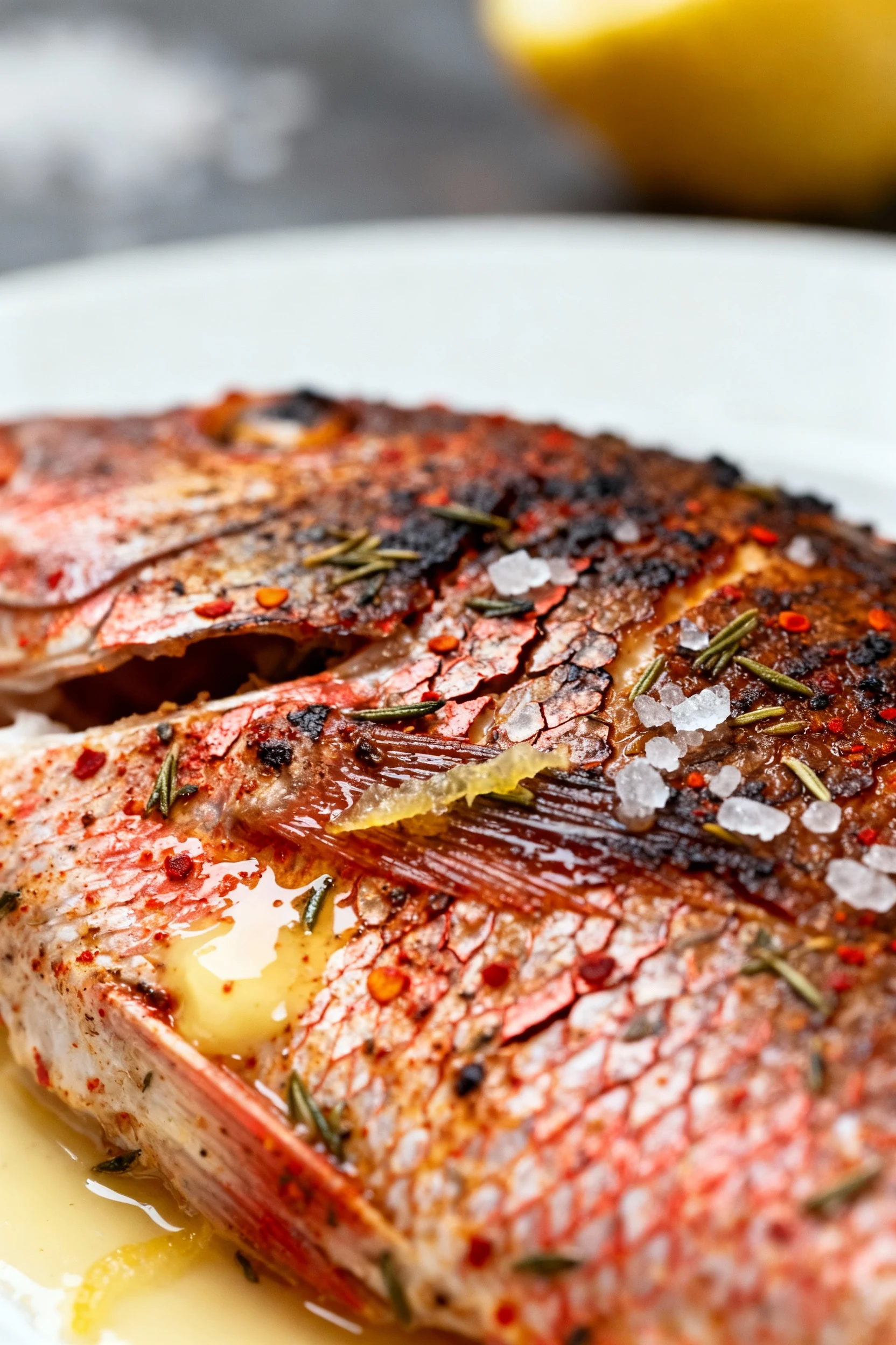 Food photography, Extreme close-up of the Cajun blackened crust on red snapper: crackled paprika-red and smoky-brown bar