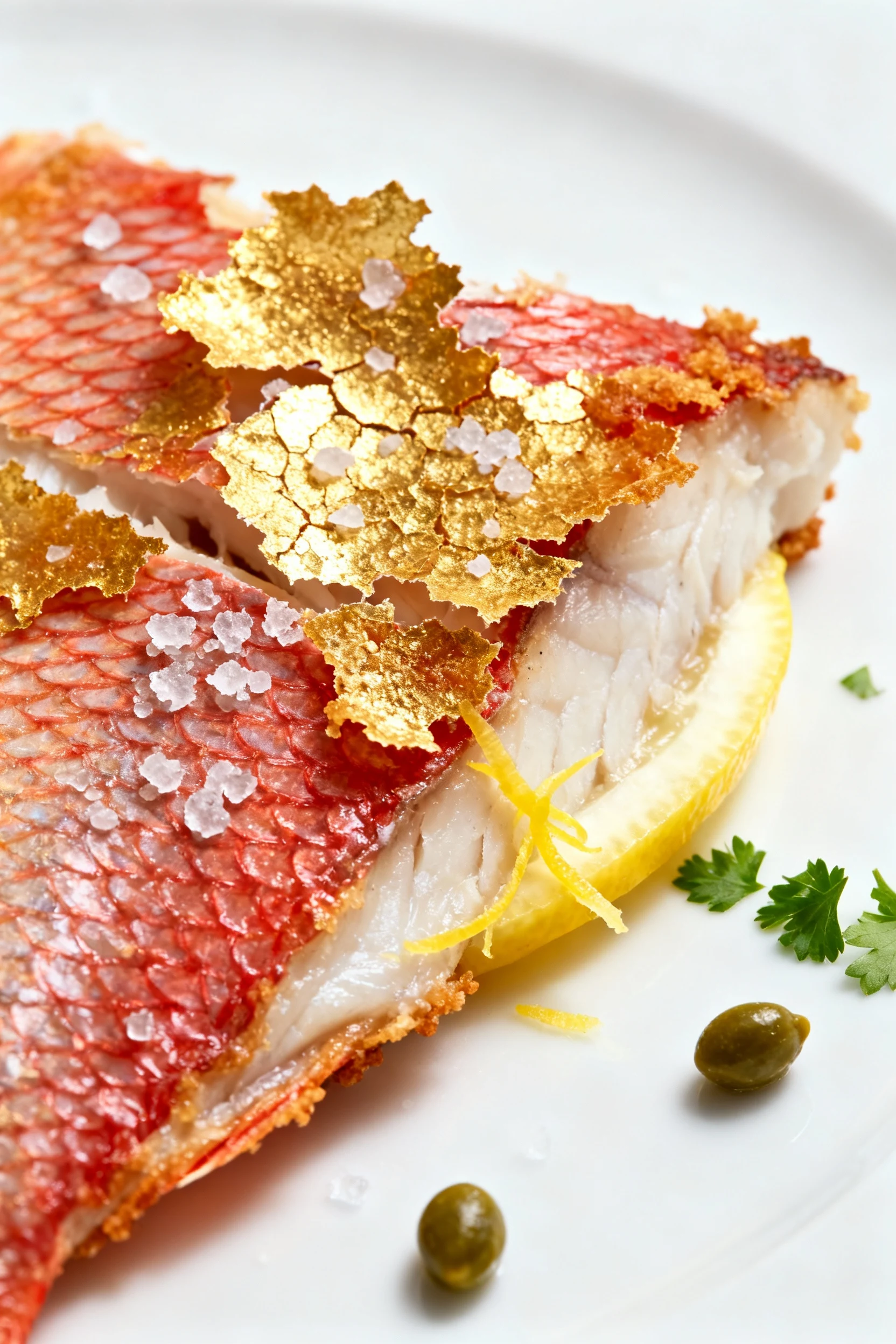 Food photography, Macro close-up of crispy red snapper skin on plate—shattering golden crackle with a few flakes of sea 