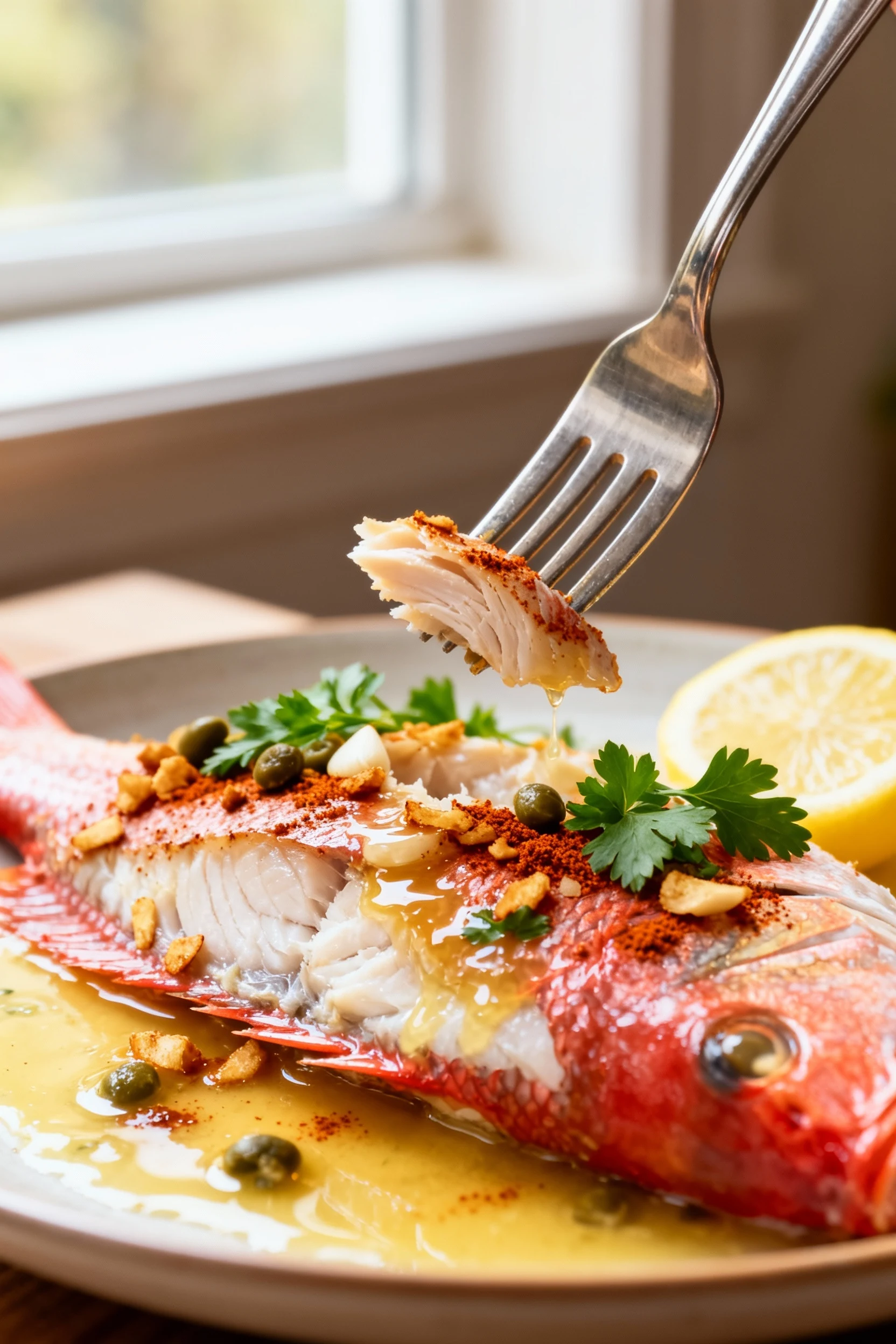 Food photography, Close-up detail: Flaky red snapper with glistening lemon butter, toasted garlic bits, smoked paprika, 