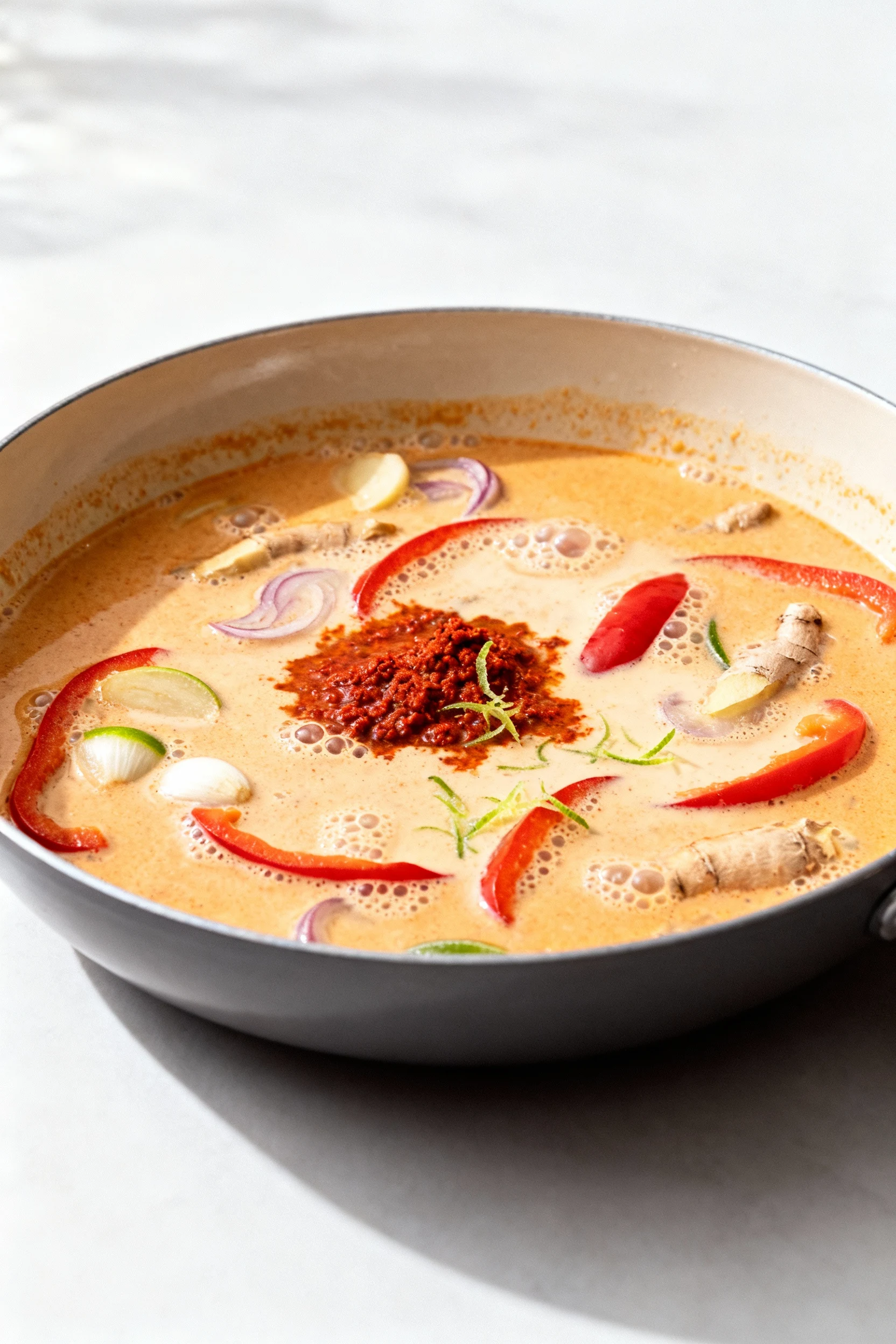 Food photography, Cooking process shot: Thai red curry base gently simmering in a wide skillet—coconut milk and broth wi