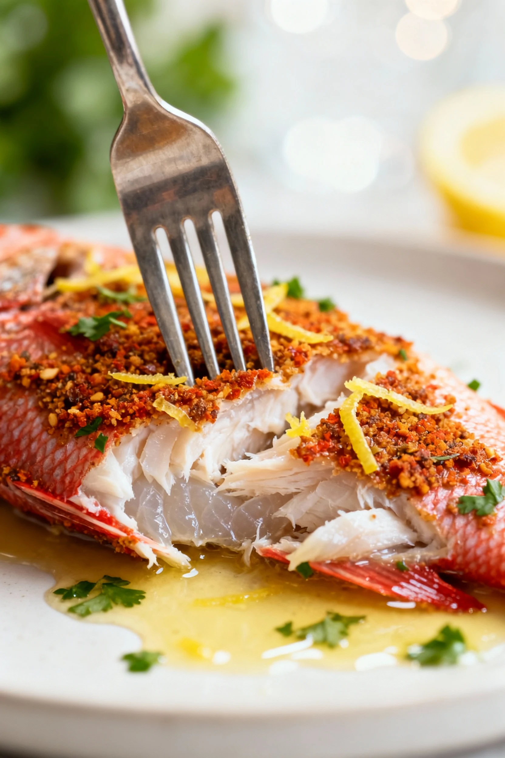 Food photography, Extreme close-up of cooked red snapper flaking with a fork, moist opaque flakes beneath a spicy Old Ba