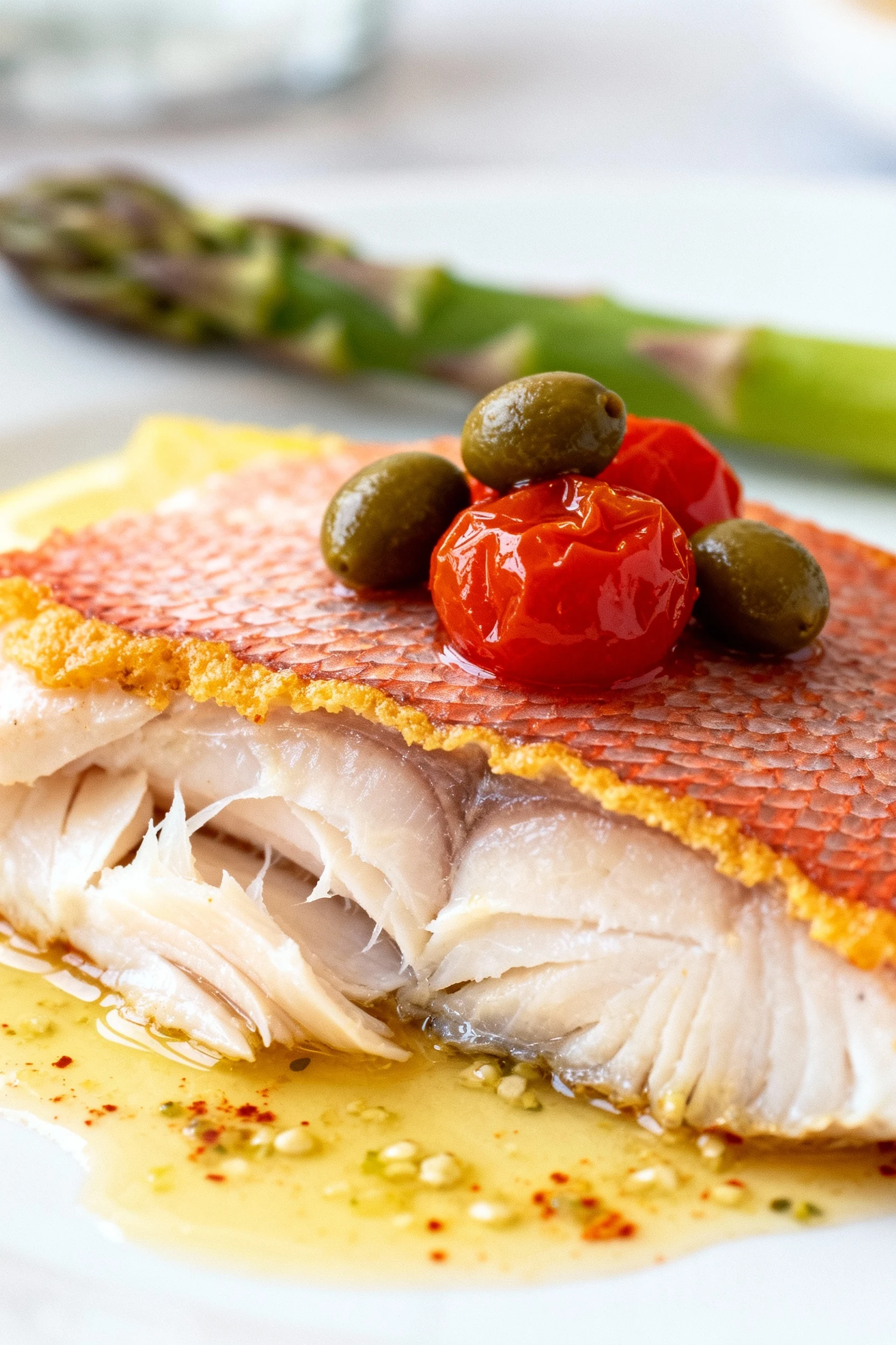 Food photography, Extreme close-up of flaky red snapper with lemon–garlic–paprika oil; moist, just-opaque layers gently 