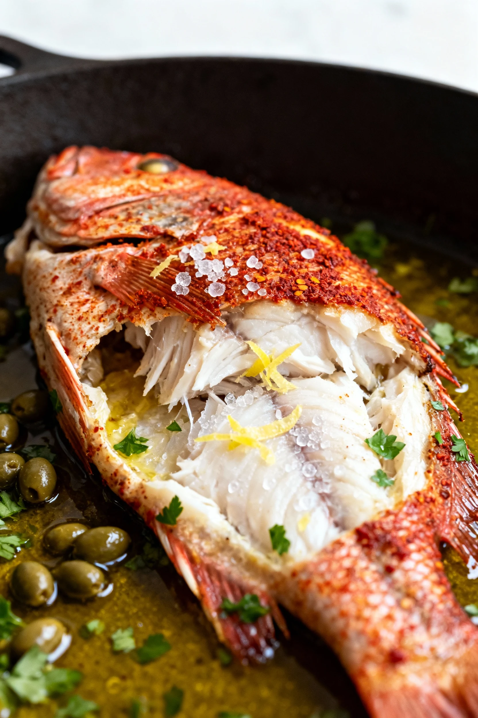 Food photography, Close-up of roasted red snapper: crispy paprika-dusted skin, flaky opaque flesh just separating, speck