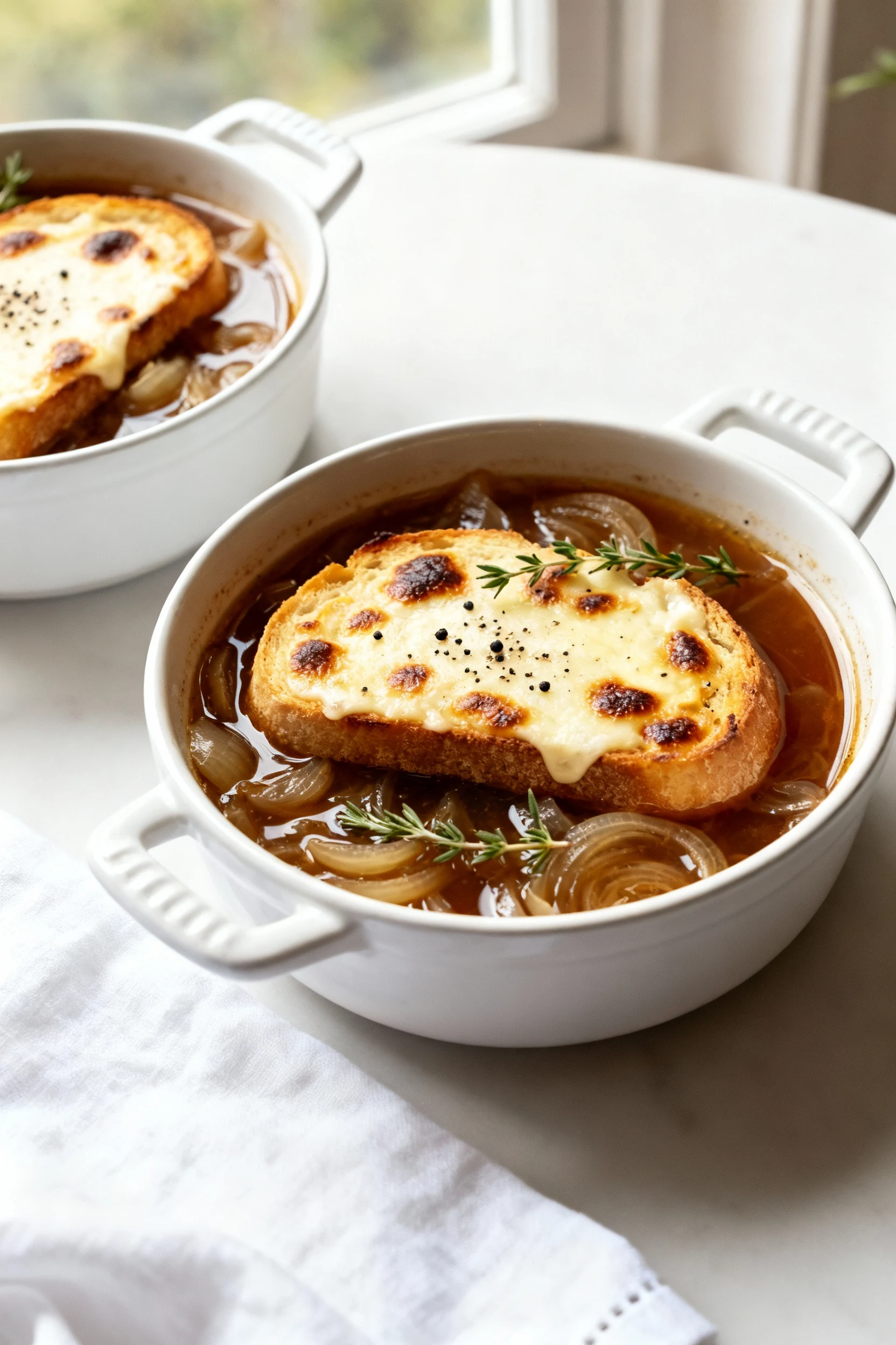 Food photography, Overhead shot of French onion soup in broiler-safe crocks with Gruyère-blanketed toasts floating, blis