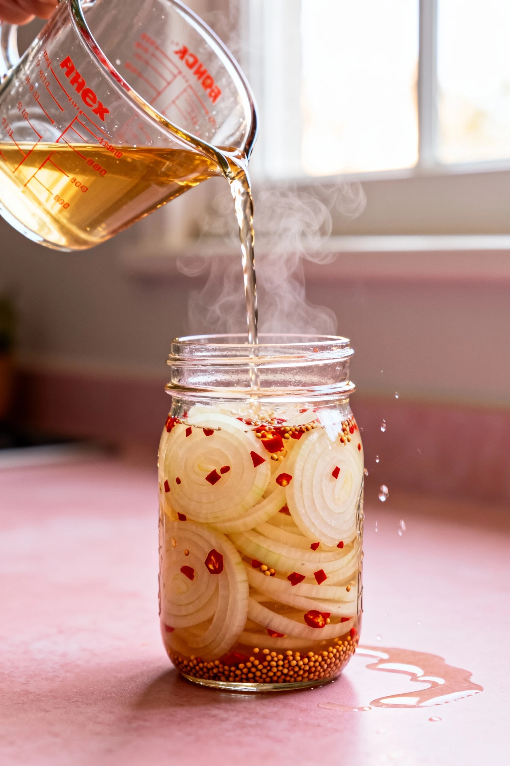 Food photography, 45-degree process shot: steaming hot vinegar brine streaming from a glass measuring cup into a packed 