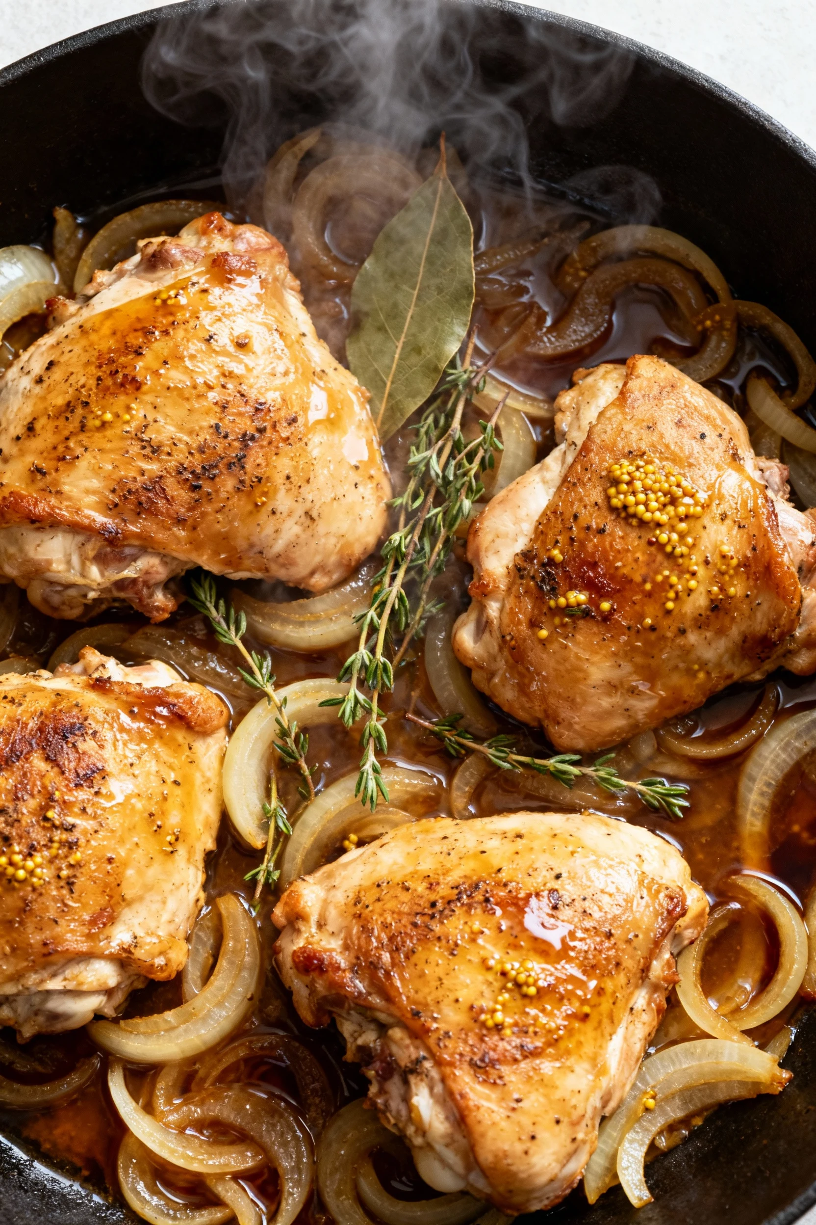 Food photography, Overhead shot: seasoned chicken thighs nestled among the caramelized onions, searing in the same skill
