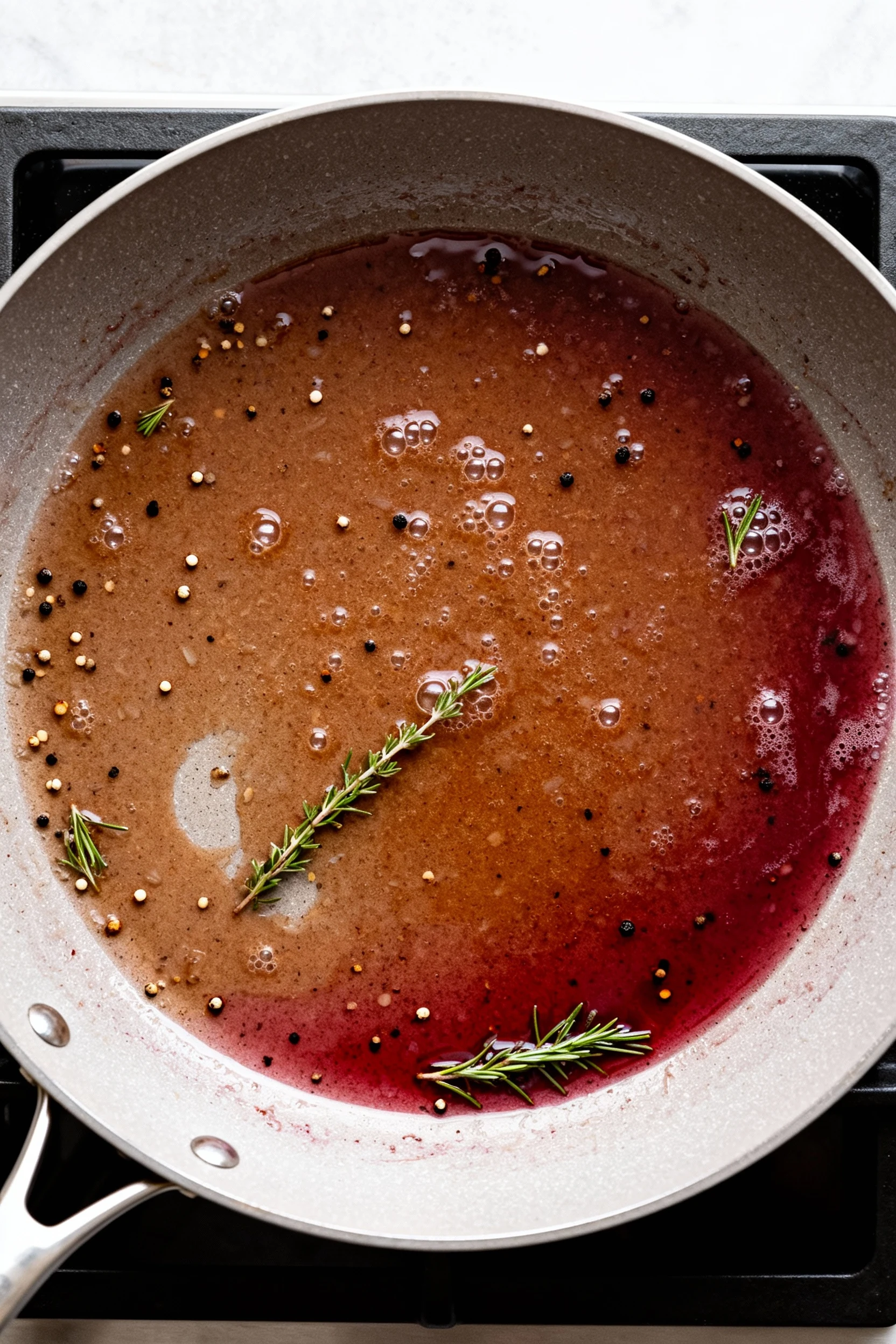 Food photography, Overhead cooking shot: onion gravy gently simmering and thickening in a wide sauté pan, tiny bubbles, 