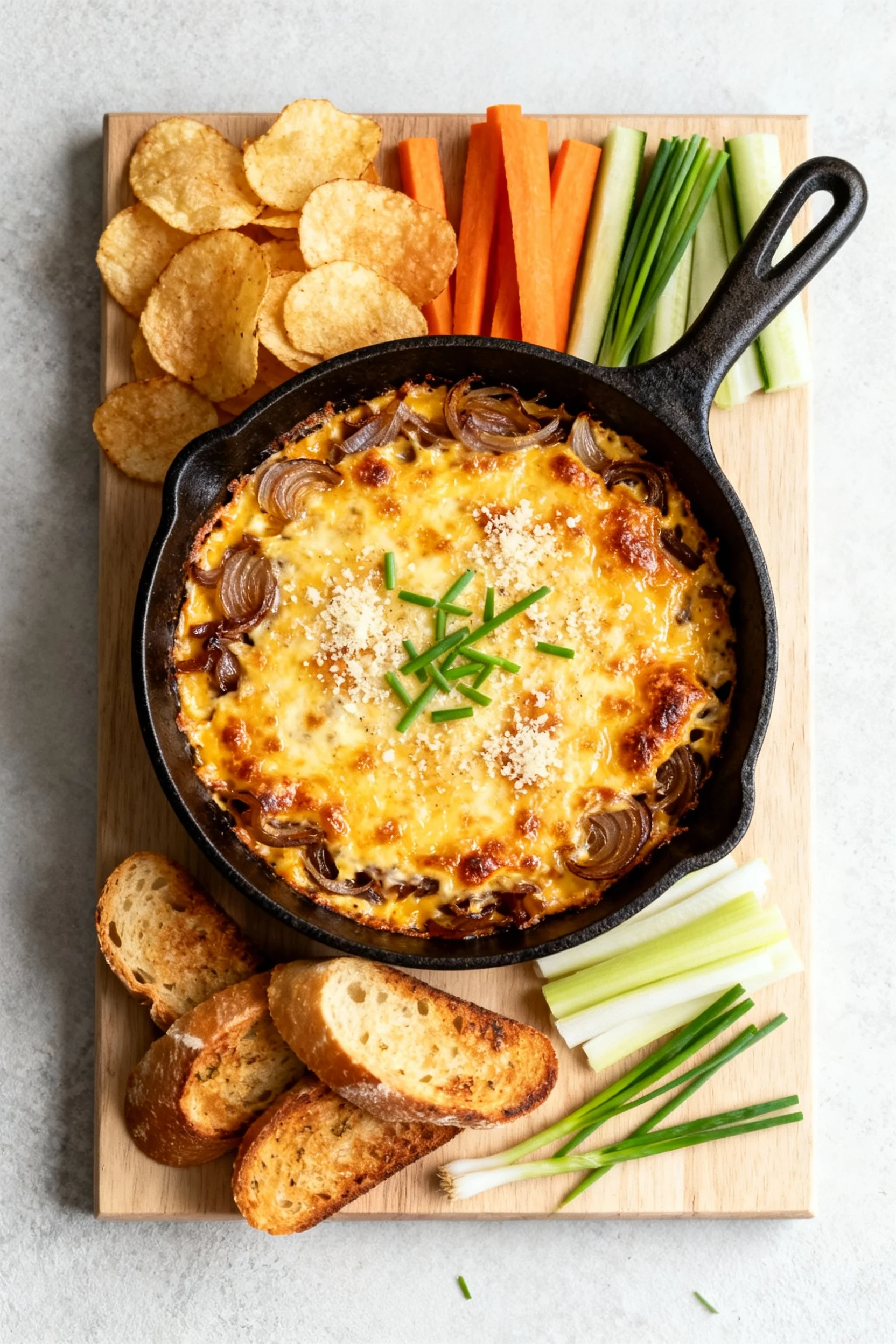 Food photography, Overhead shot of cheesy caramelized onion dip in a 10-inch cast-iron skillet, bubbling golden edges, b