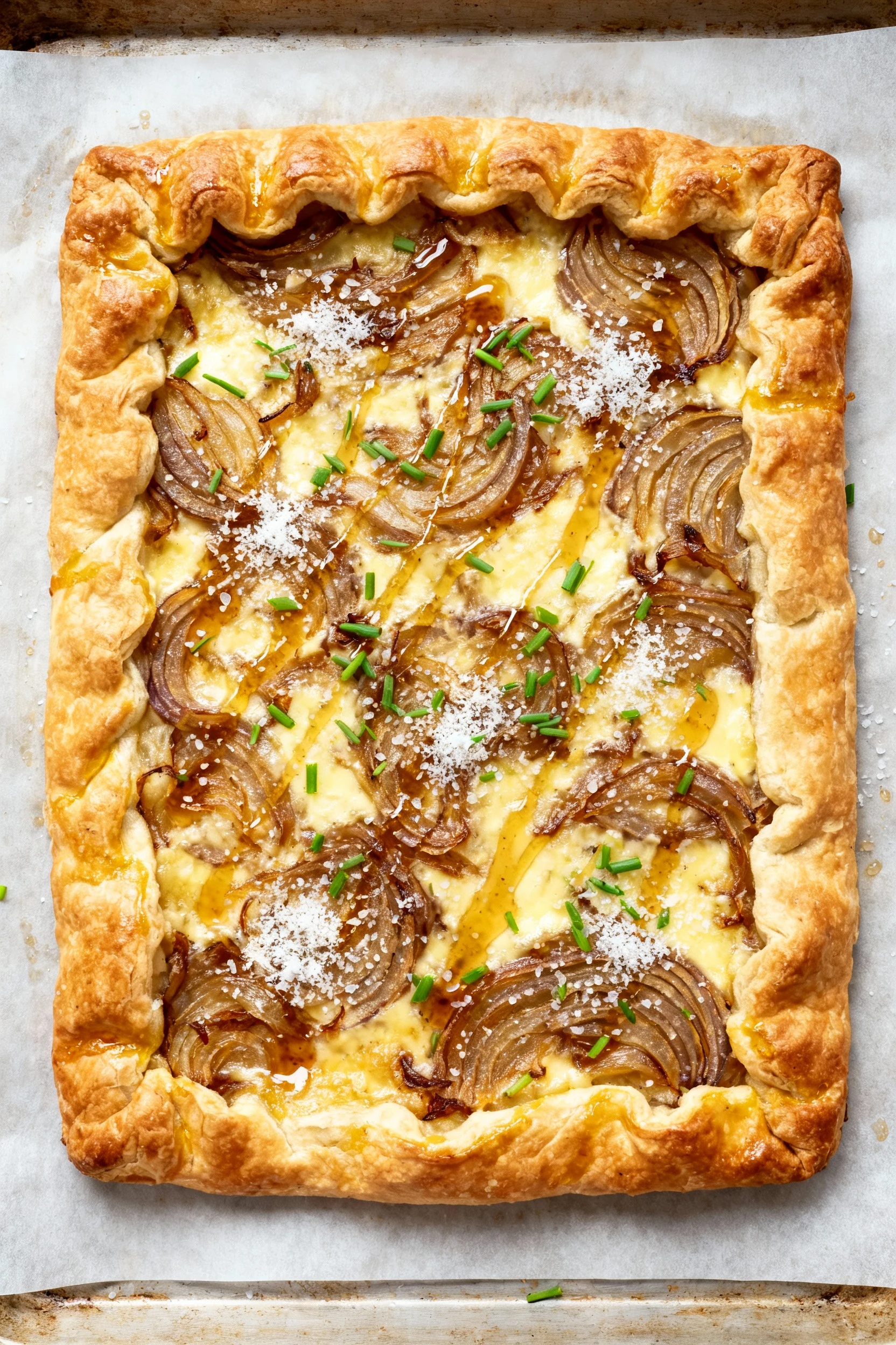 Food photography, Overhead shot of the baked rustic caramelized onion tart: 10x12 puff pastry with a dramatically puffed