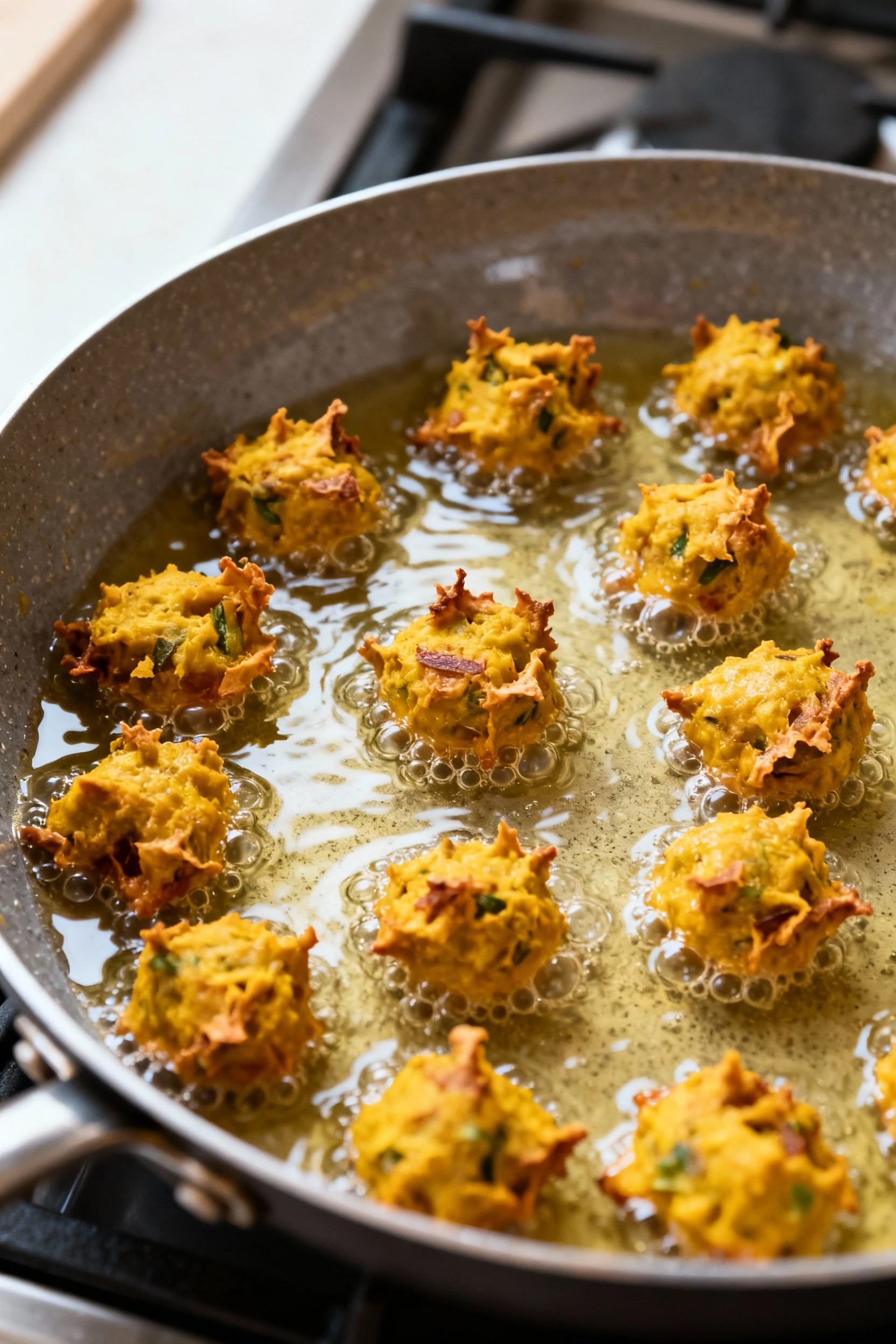 Food photography, Onion bhaji sizzling in a wide pan at 360–375°F, small two-bite clusters frying in shimmering neutral 